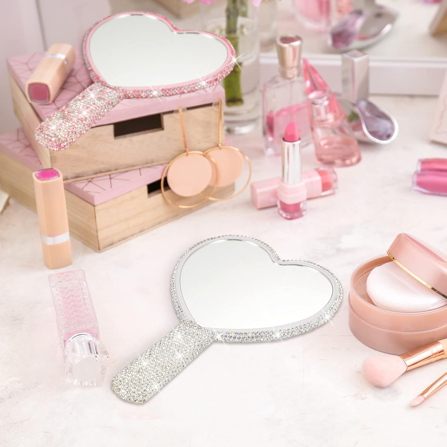 2 Pcs Large Rhinestone Handheld Mirror Heart Shaped Bling Glitter Portable Cosmetic Hand Mirror with Handle for Women Make up Brush Lash(Pink and White) - Image 5