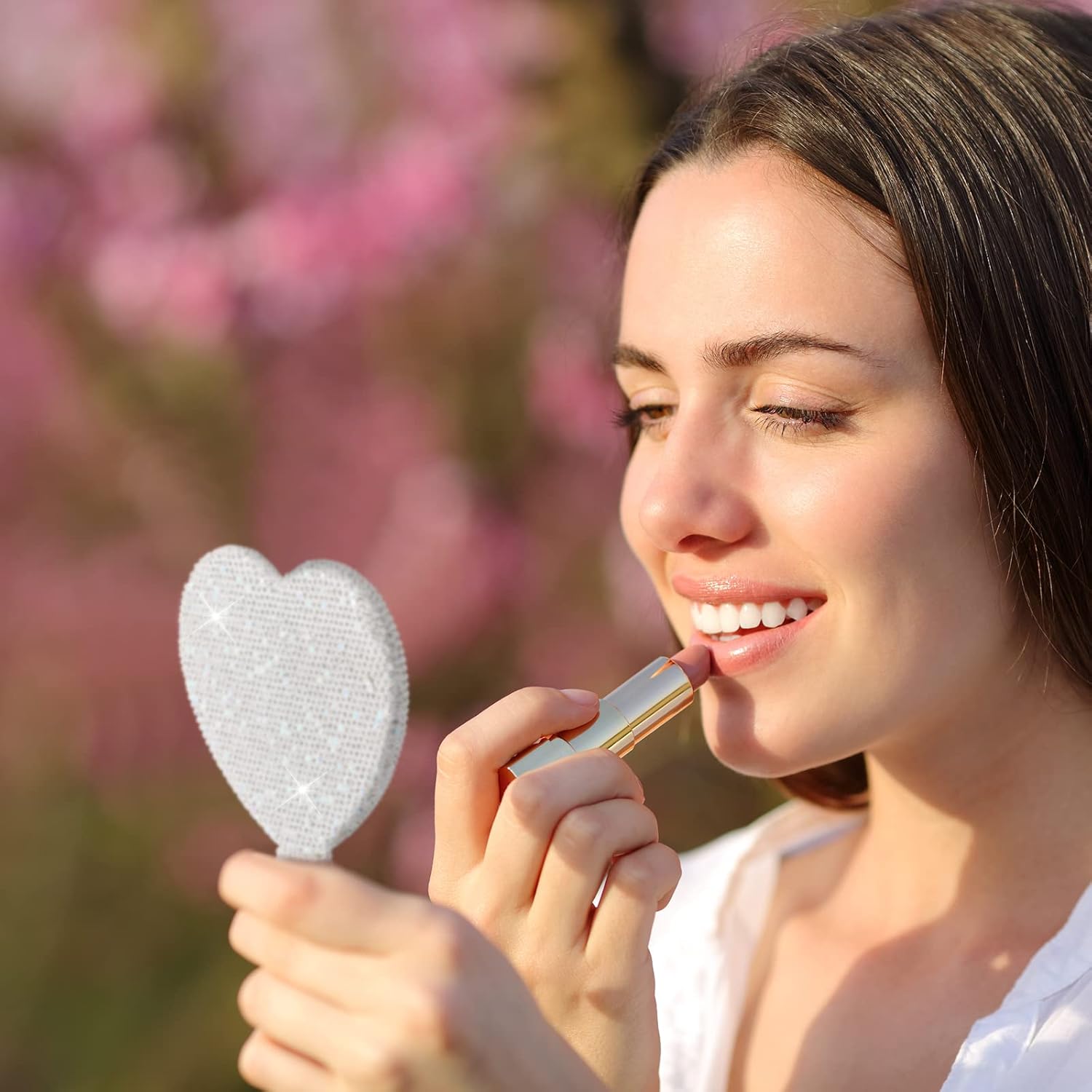 2 Pcs Large Rhinestone Handheld Mirror Heart Shaped Bling Glitter Portable Cosmetic Hand Mirror with Handle for Women Make up Brush Lash(Pink and White) - Image 6