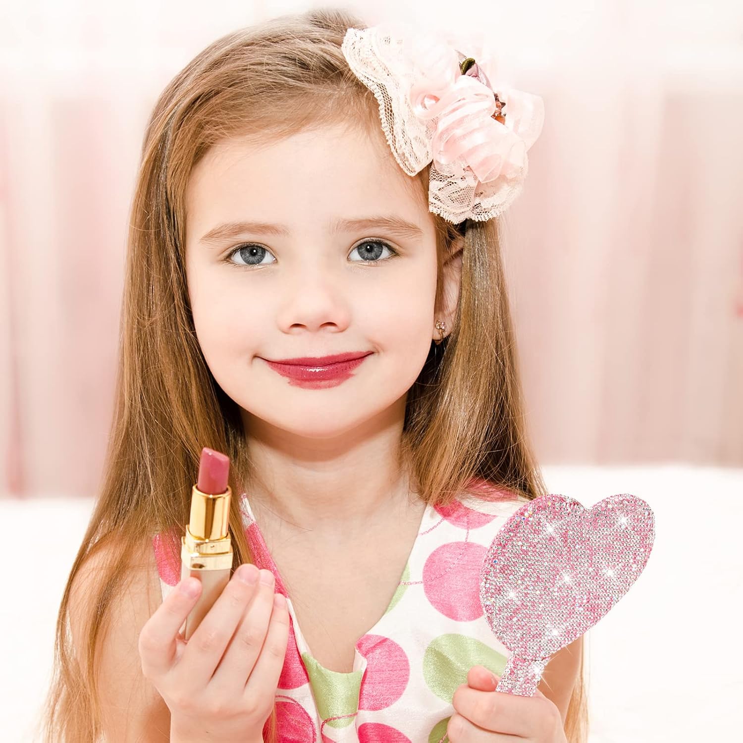 2 Pcs Large Rhinestone Handheld Mirror Heart Shaped Bling Glitter Portable Cosmetic Hand Mirror with Handle for Women Make up Brush Lash(Pink and White) - Image 7