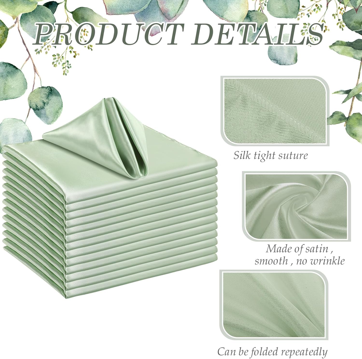 150 Pcs Satin Napkin Bulk 17 x 17 Inch Square Silk Table Napkin Soft Dinner Napkins Decor Elegant Satin Weddings Party Napkin for Wedding Parties Banquet Restaurant Decoration Supplies (Sage Green) - Image 3