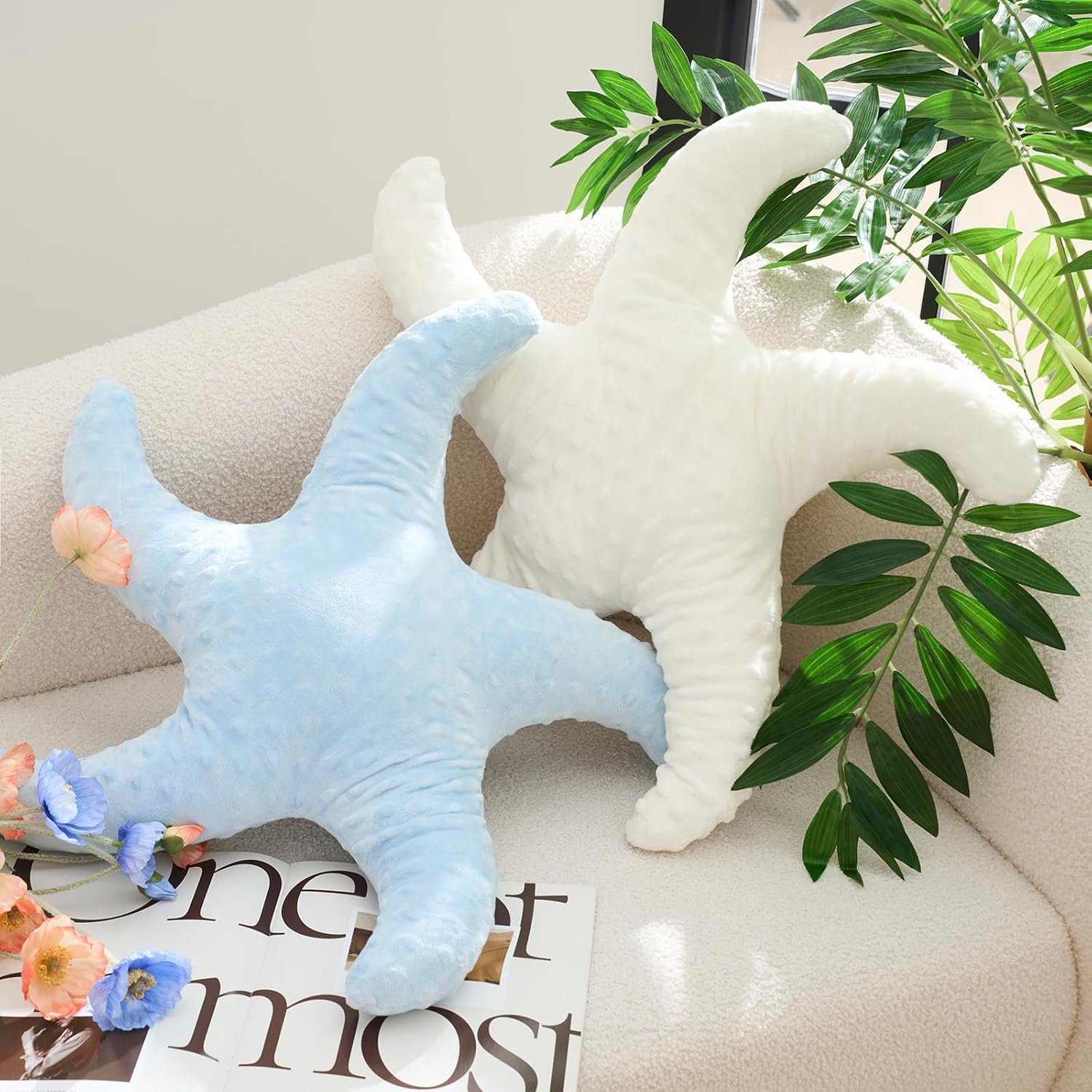 2 Pcs Starfish Pillow Cute Beach Pillow 20'' Star Fish Shaped Throw Pillows Plush Beach Room Decor Decorative Ocean Star Stuffed Animal Plush Cushion for Bedroom Living Room (White,Blue) - Image 1