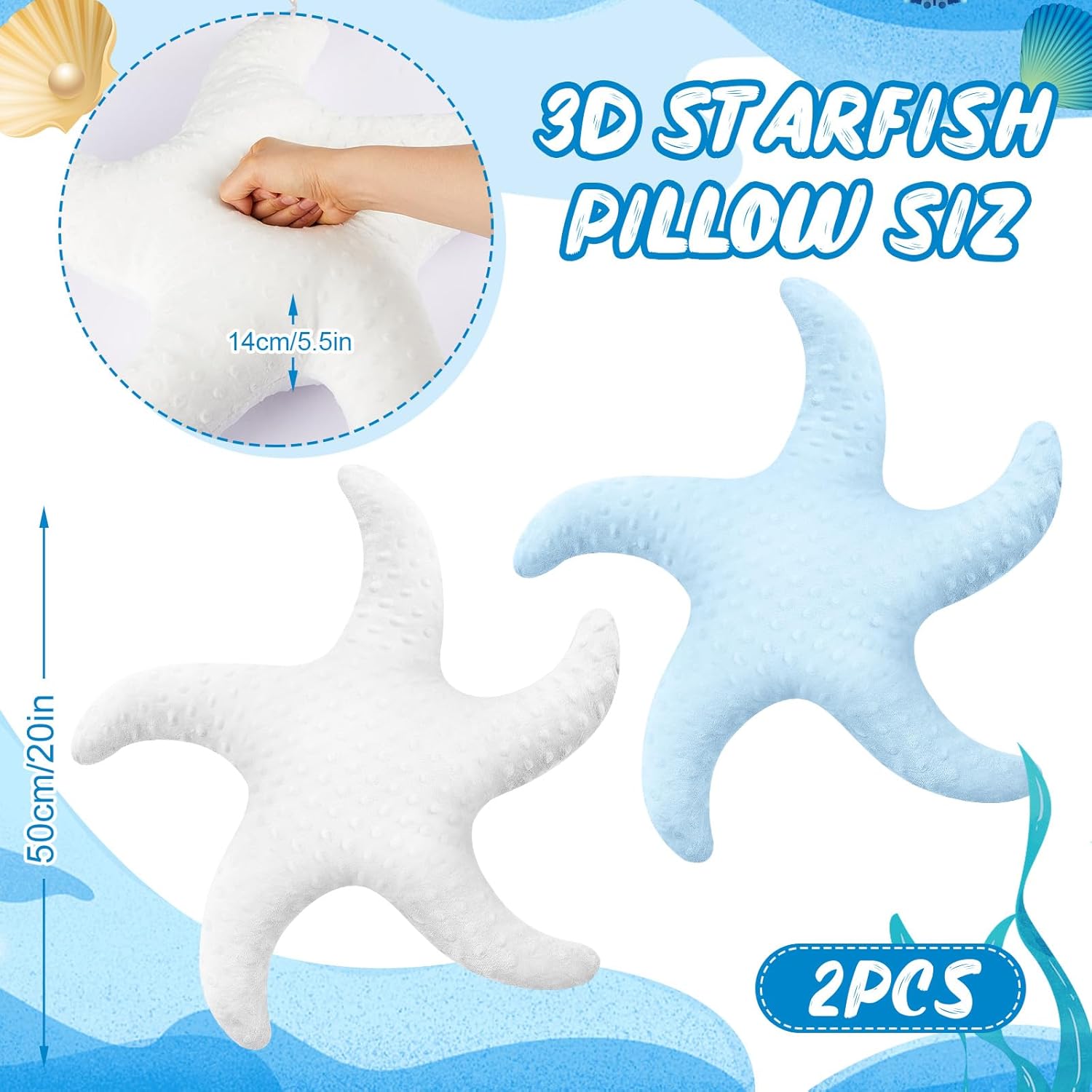 2 Pcs Starfish Pillow Cute Beach Pillow 20'' Star Fish Shaped Throw Pillows Plush Beach Room Decor Decorative Ocean Star Stuffed Animal Plush Cushion for Bedroom Living Room (White,Blue) - Image 2