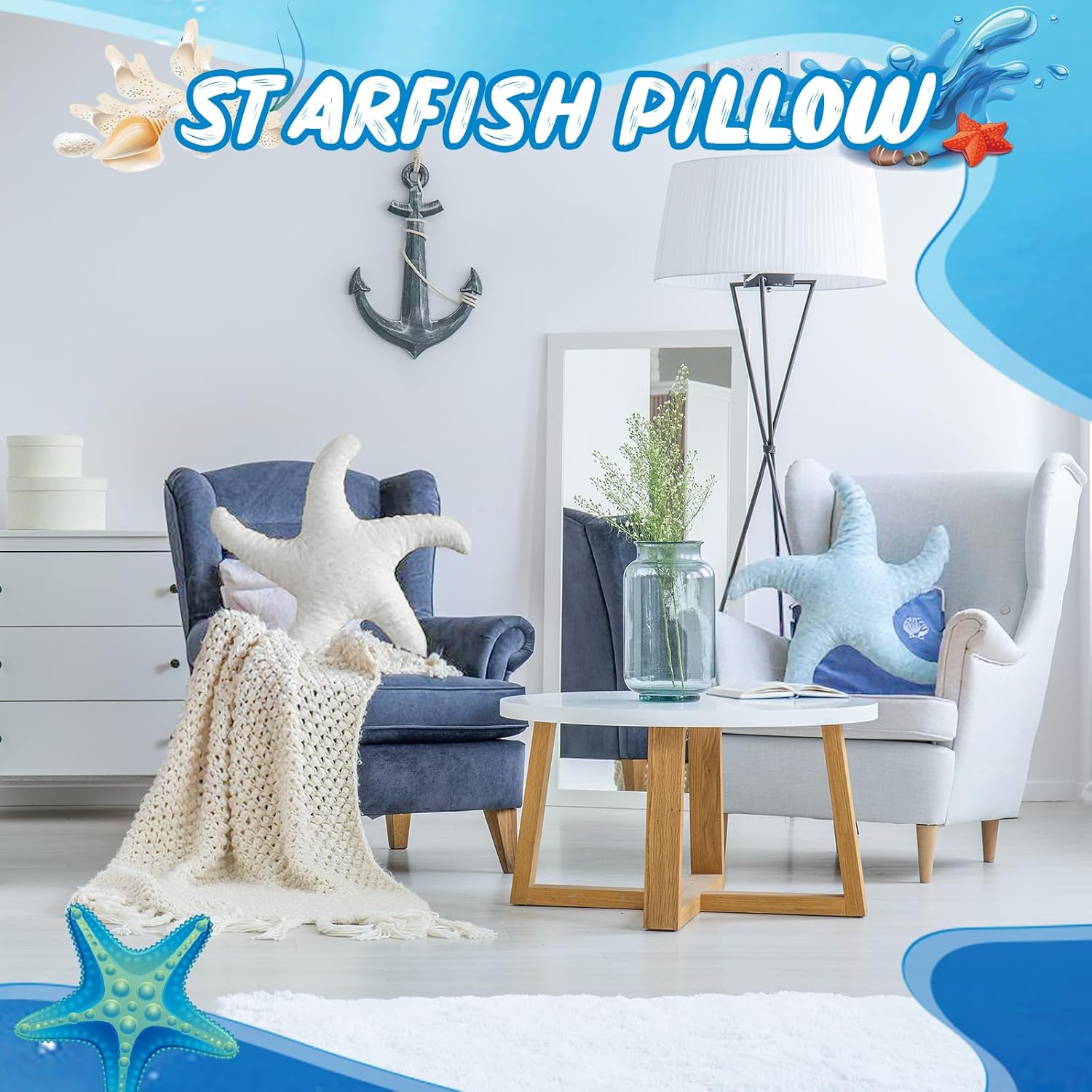 2 Pcs Starfish Pillow Cute Beach Pillow 20'' Star Fish Shaped Throw Pillows Plush Beach Room Decor Decorative Ocean Star Stuffed Animal Plush Cushion for Bedroom Living Room (White,Blue) - Image 4