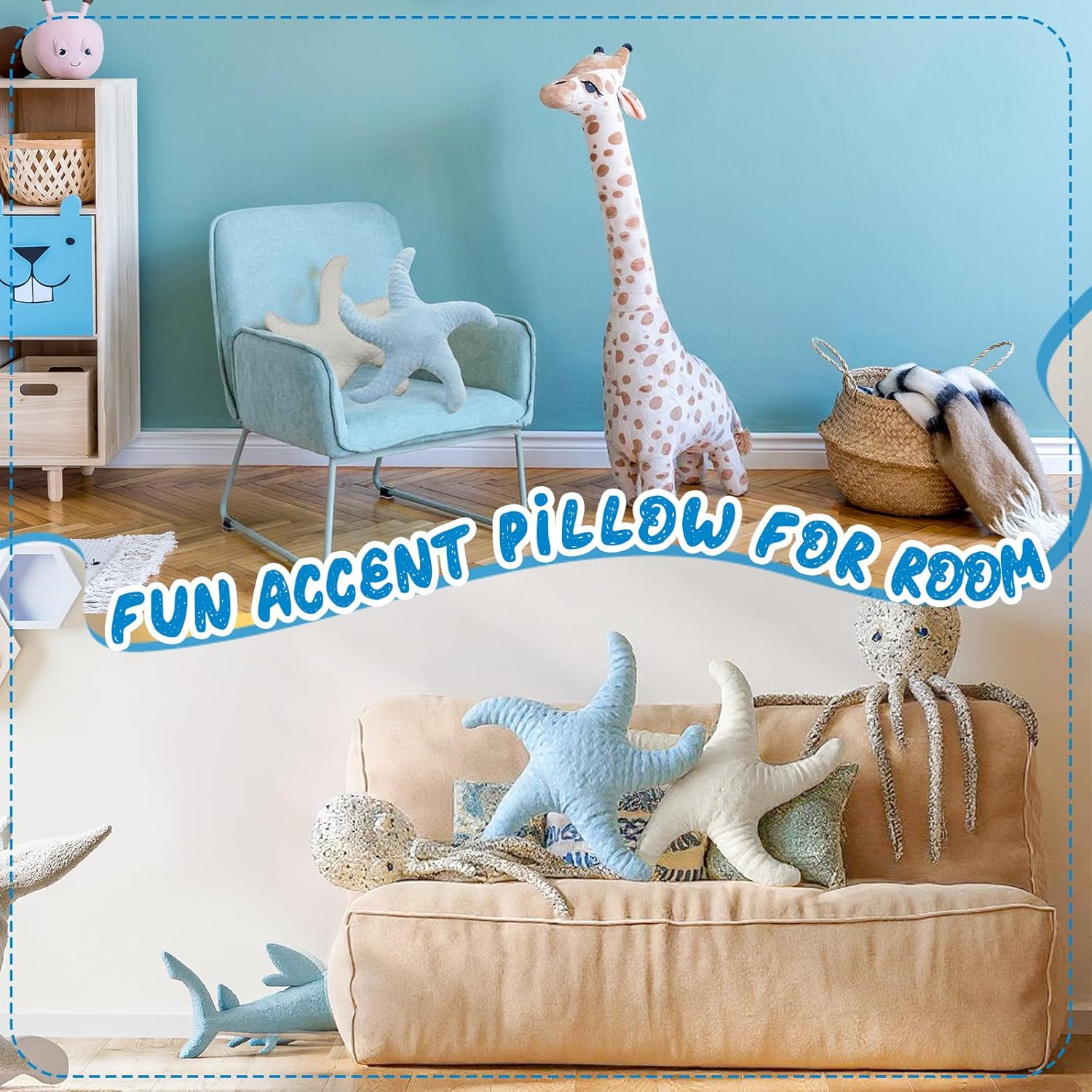 2 Pcs Starfish Pillow Cute Beach Pillow 20'' Star Fish Shaped Throw Pillows Plush Beach Room Decor Decorative Ocean Star Stuffed Animal Plush Cushion for Bedroom Living Room (White,Blue) - Image 6