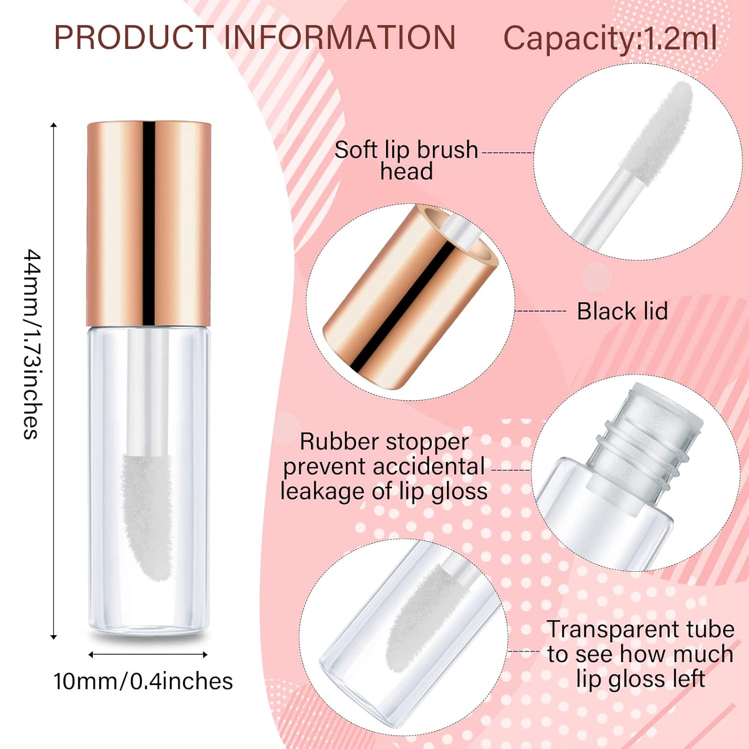 100 Pieces Clear Mini Lip Gloss Tube Refillable Empty Lip Balm Gloss Containers Bottles Transparent Mini Lipstick Containers for Women DIY Makeup(Rose Gold,1.2ml) - Image 2