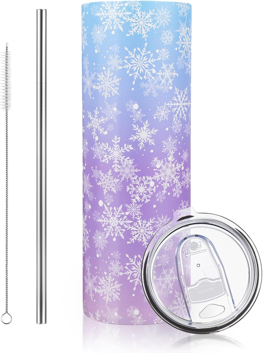 Winter Snowflake Tumbler with Lid Straw 20 oz Stainless Steel Tumbler Snowflake Insulated Skinny Travel Cup Coffee Mug with Straw Brush for Winter Holiday Birthday Party Gifts(Blue) - Image 1