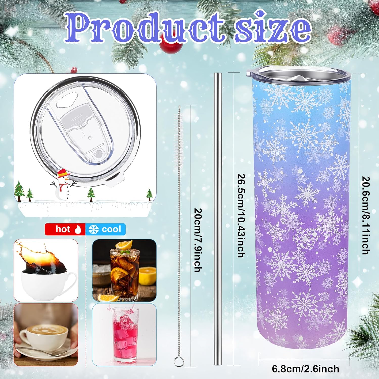 Winter Snowflake Tumbler with Lid Straw 20 oz Stainless Steel Tumbler Snowflake Insulated Skinny Travel Cup Coffee Mug with Straw Brush for Winter Holiday Birthday Party Gifts(Blue) - Image 2