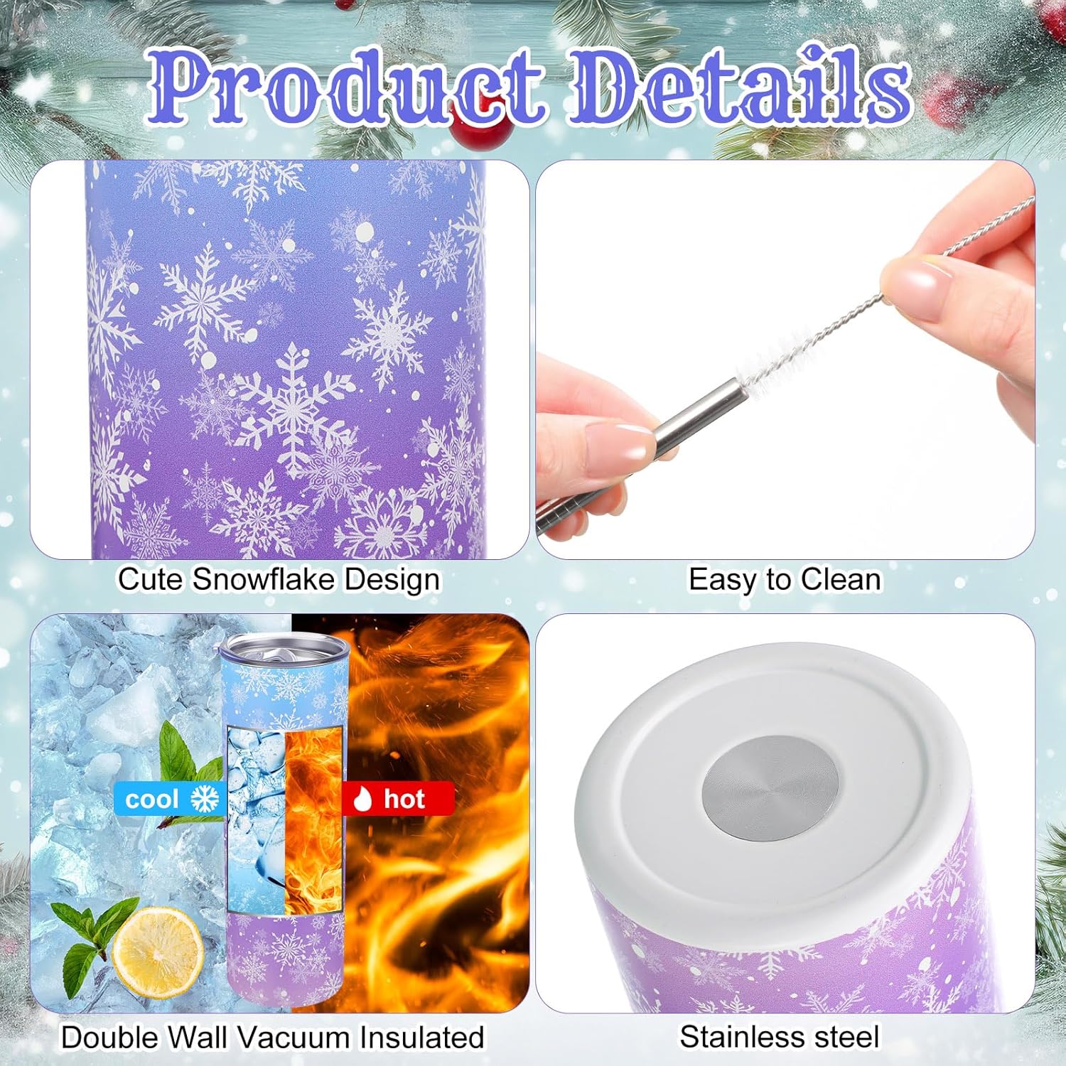 Winter Snowflake Tumbler with Lid Straw 20 oz Stainless Steel Tumbler Snowflake Insulated Skinny Travel Cup Coffee Mug with Straw Brush for Winter Holiday Birthday Party Gifts(Blue) - Image 3
