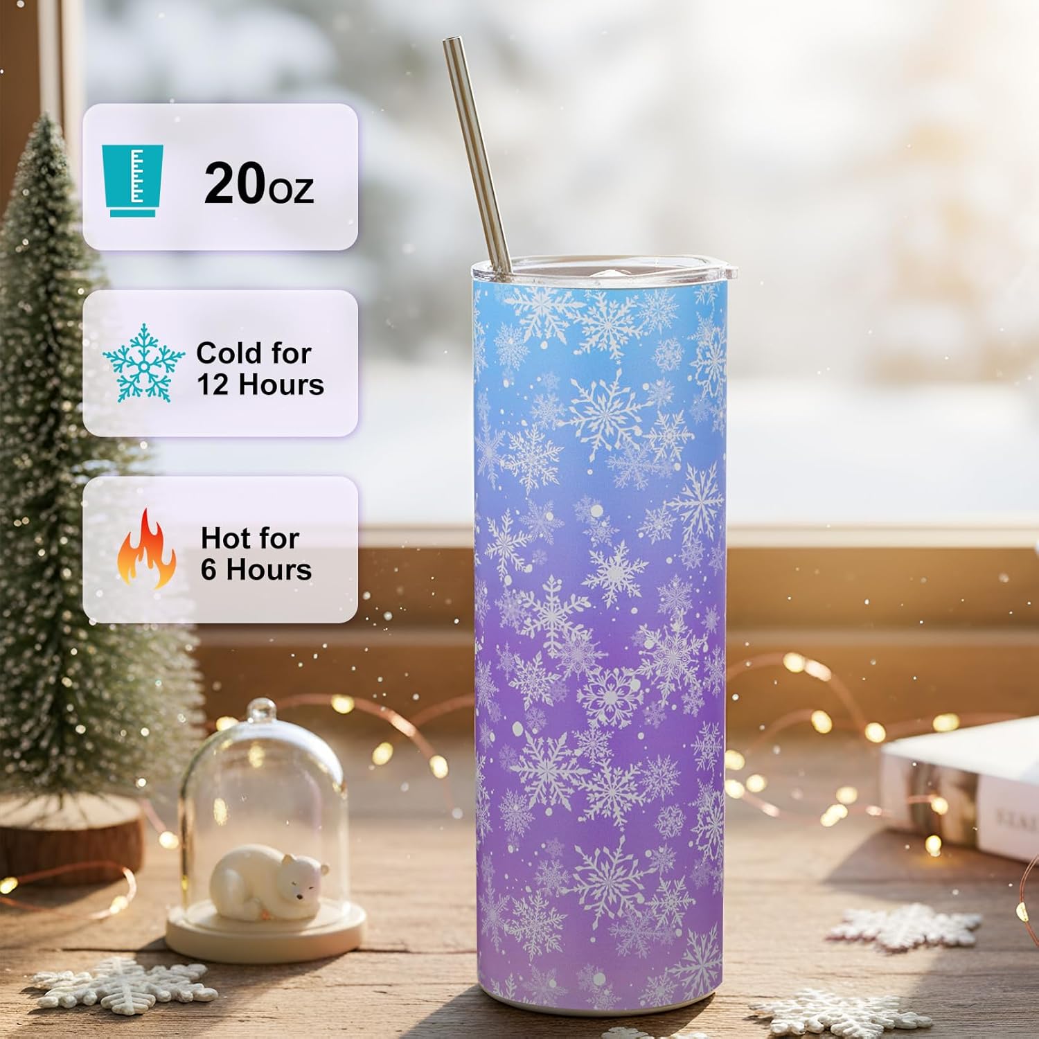 Winter Snowflake Tumbler with Lid Straw 20 oz Stainless Steel Tumbler Snowflake Insulated Skinny Travel Cup Coffee Mug with Straw Brush for Winter Holiday Birthday Party Gifts(Blue) - Image 4