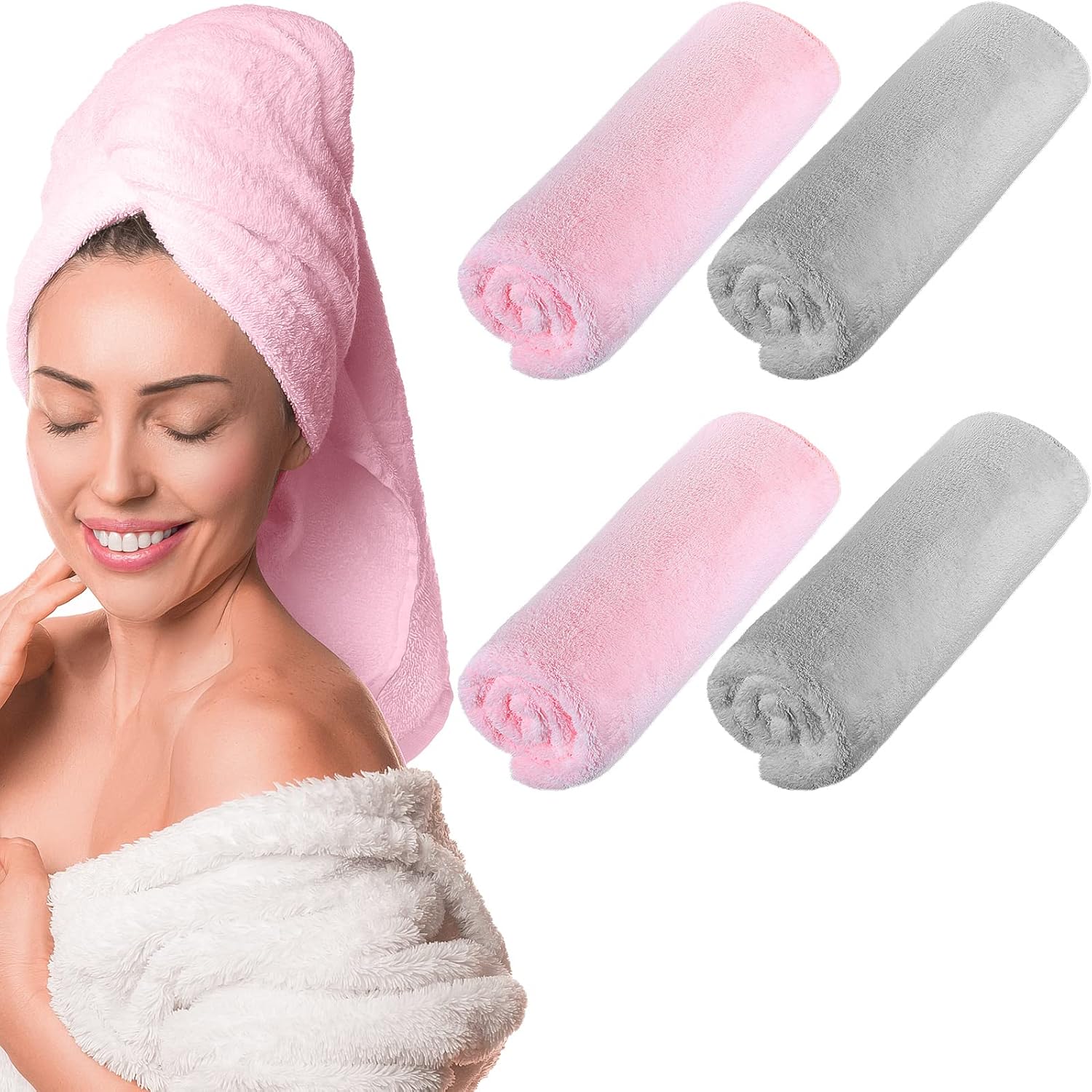 4 Pcs 20 x 40 Large Microfiber Hair Towel for Long Hair Quick Dry Towel Absorbent Turbans Anti Frizz Drying Turbans Wrap for Curly Long Short Women, Pink and Gray - Image 1
