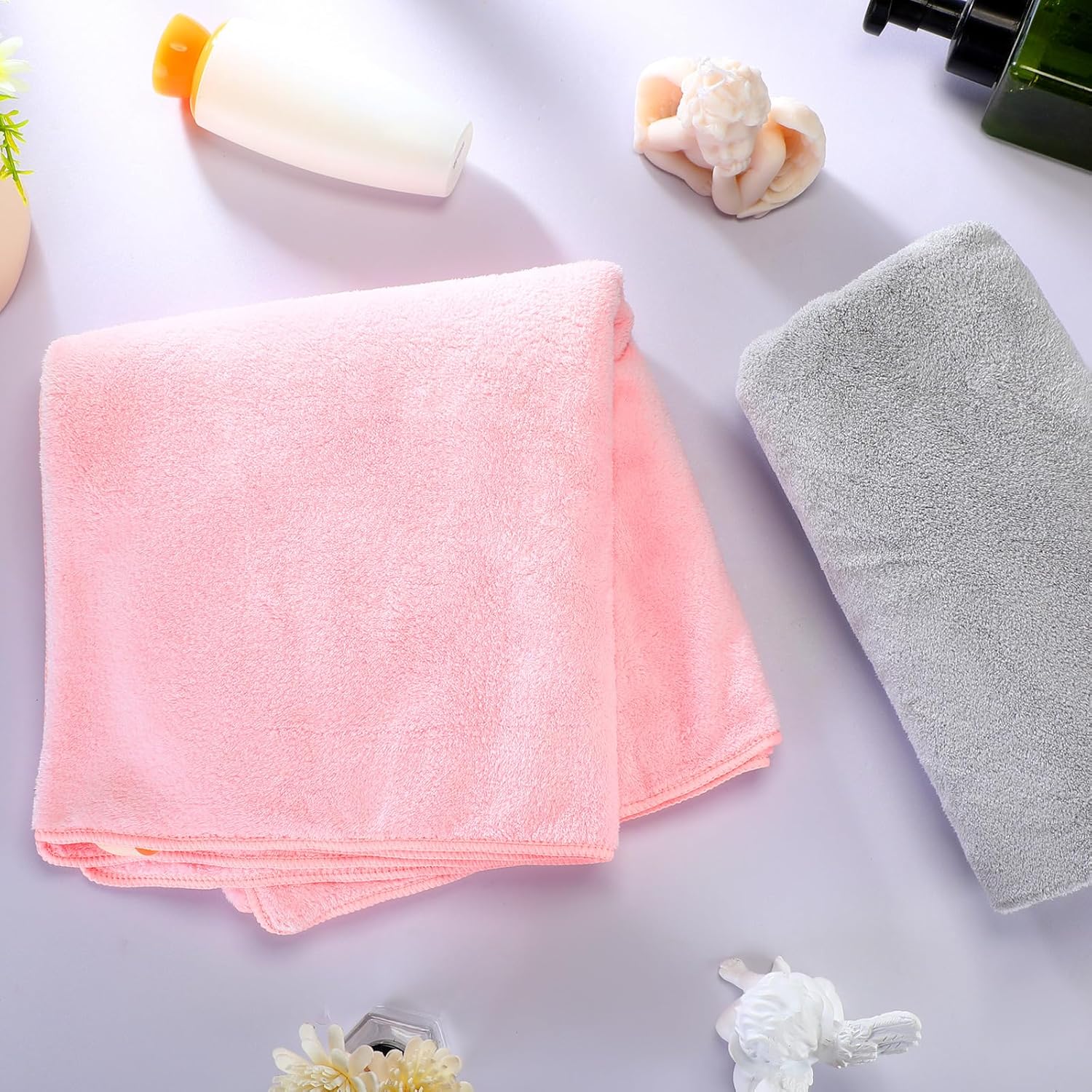 4 Pcs 20 x 40 Large Microfiber Hair Towel for Long Hair Quick Dry Towel Absorbent Turbans Anti Frizz Drying Turbans Wrap for Curly Long Short Women, Pink and Gray - Image 4