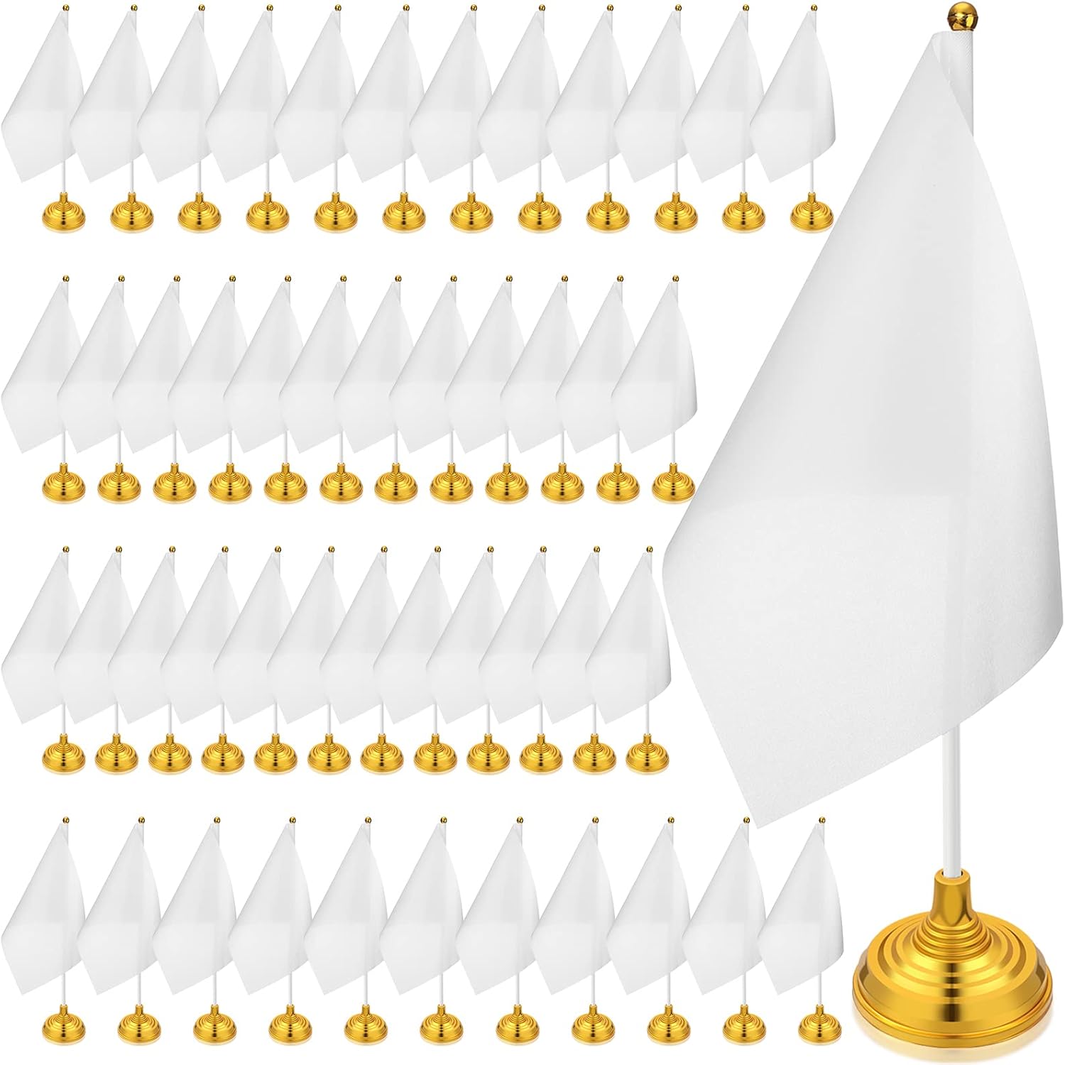 48 Pcs Mini White Desktop Flags on Stick with Stands 5.51 x 8.27 Office White Solid for DIY Craft Small Blank Desktop Flag with Pole for 4th of July Event Celebration - Image 1