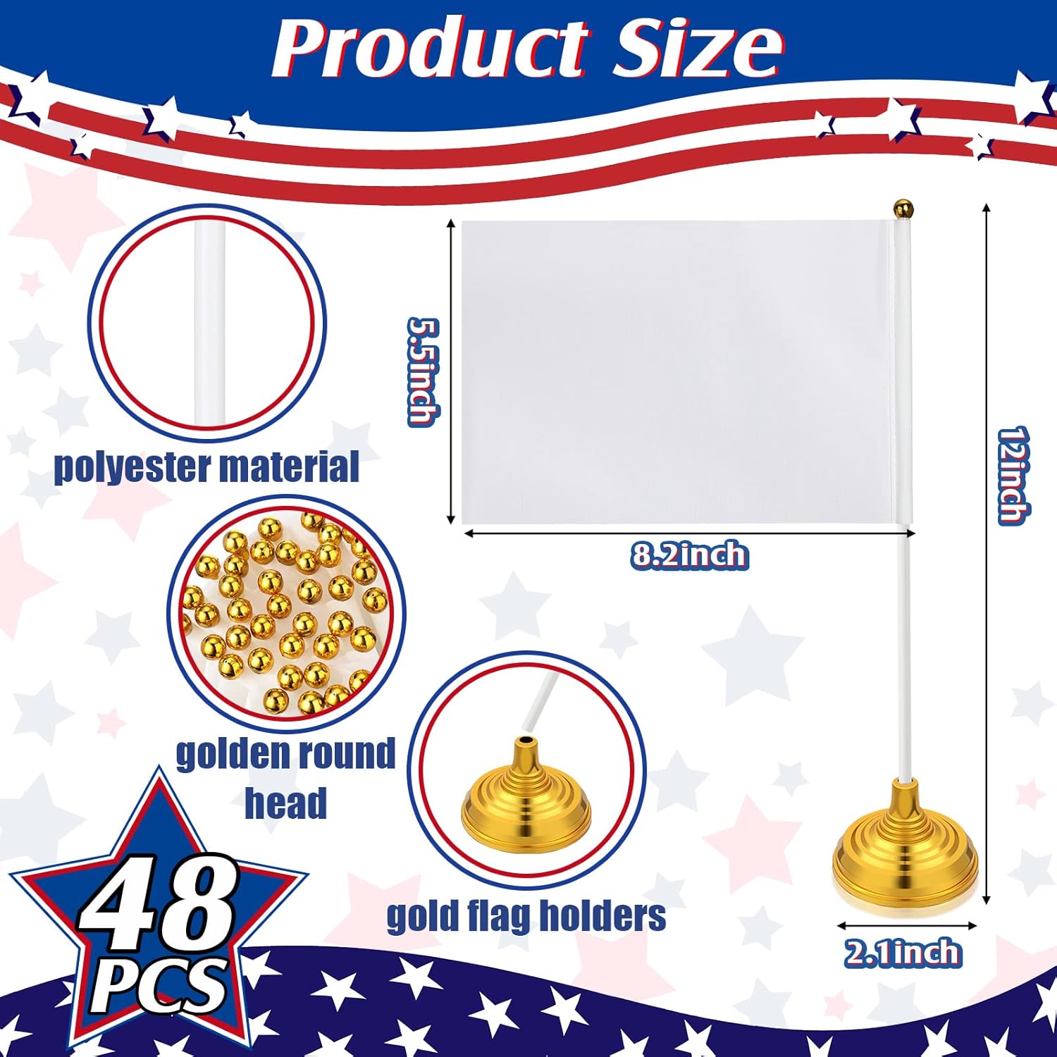 48 Pcs Mini White Desktop Flags on Stick with Stands 5.51 x 8.27 Office White Solid for DIY Craft Small Blank Desktop Flag with Pole for 4th of July Event Celebration - Image 2