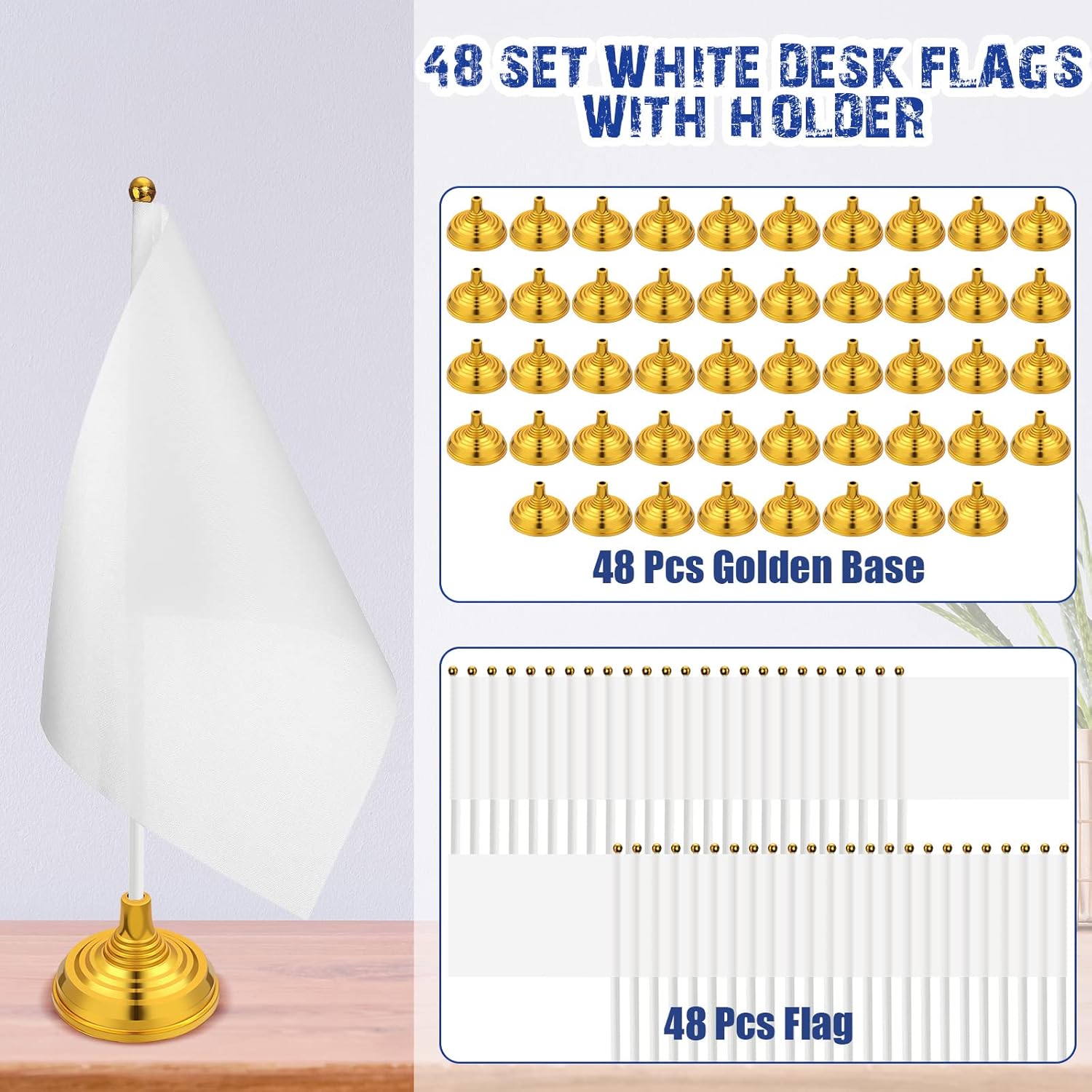 48 Pcs Mini White Desktop Flags on Stick with Stands 5.51 x 8.27 Office White Solid for DIY Craft Small Blank Desktop Flag with Pole for 4th of July Event Celebration - Image 4
