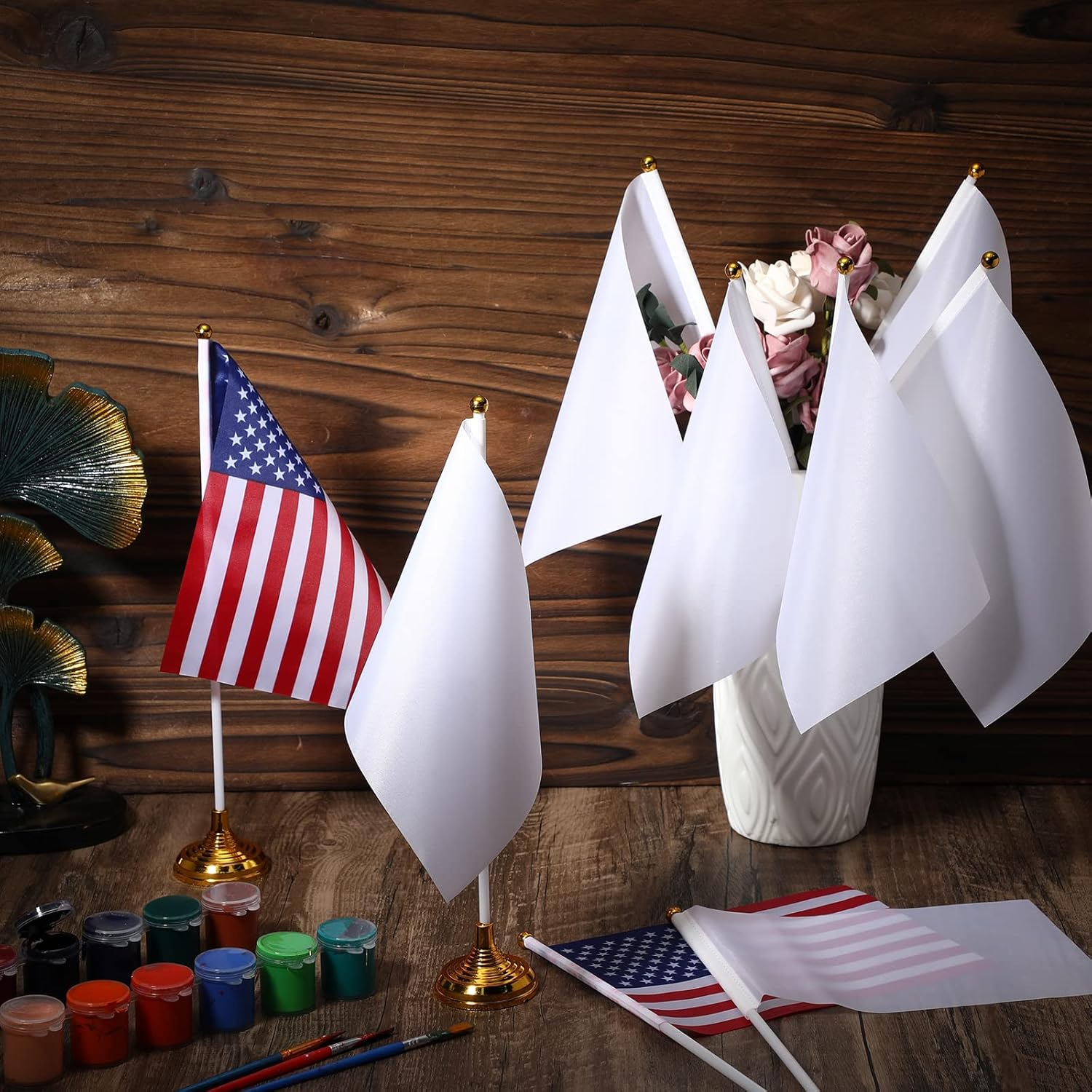 48 Pcs Mini White Desktop Flags on Stick with Stands 5.51 x 8.27 Office White Solid for DIY Craft Small Blank Desktop Flag with Pole for 4th of July Event Celebration - Image 6