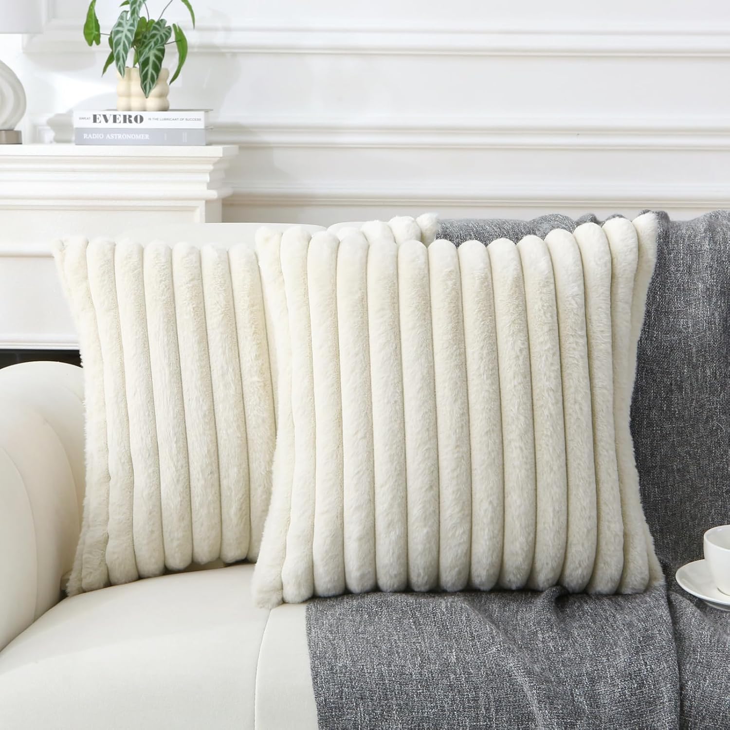 Decorative Throw Pillow with Inserts, Set of 2 Soft Faux Fur Throw Pillows, Square Boho Striped Pillow for Couch, Bed, Sofa Decor(Beige, 18