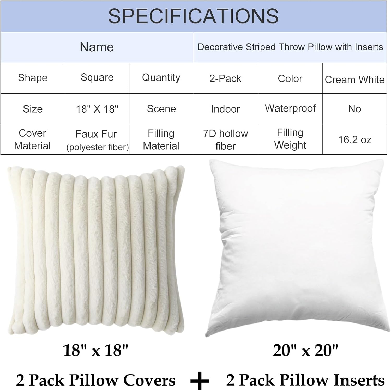 Decorative Throw Pillow with Inserts, Set of 2 Soft Faux Fur Throw Pillows, Square Boho Striped Pillow for Couch, Bed, Sofa Decor(Beige, 18