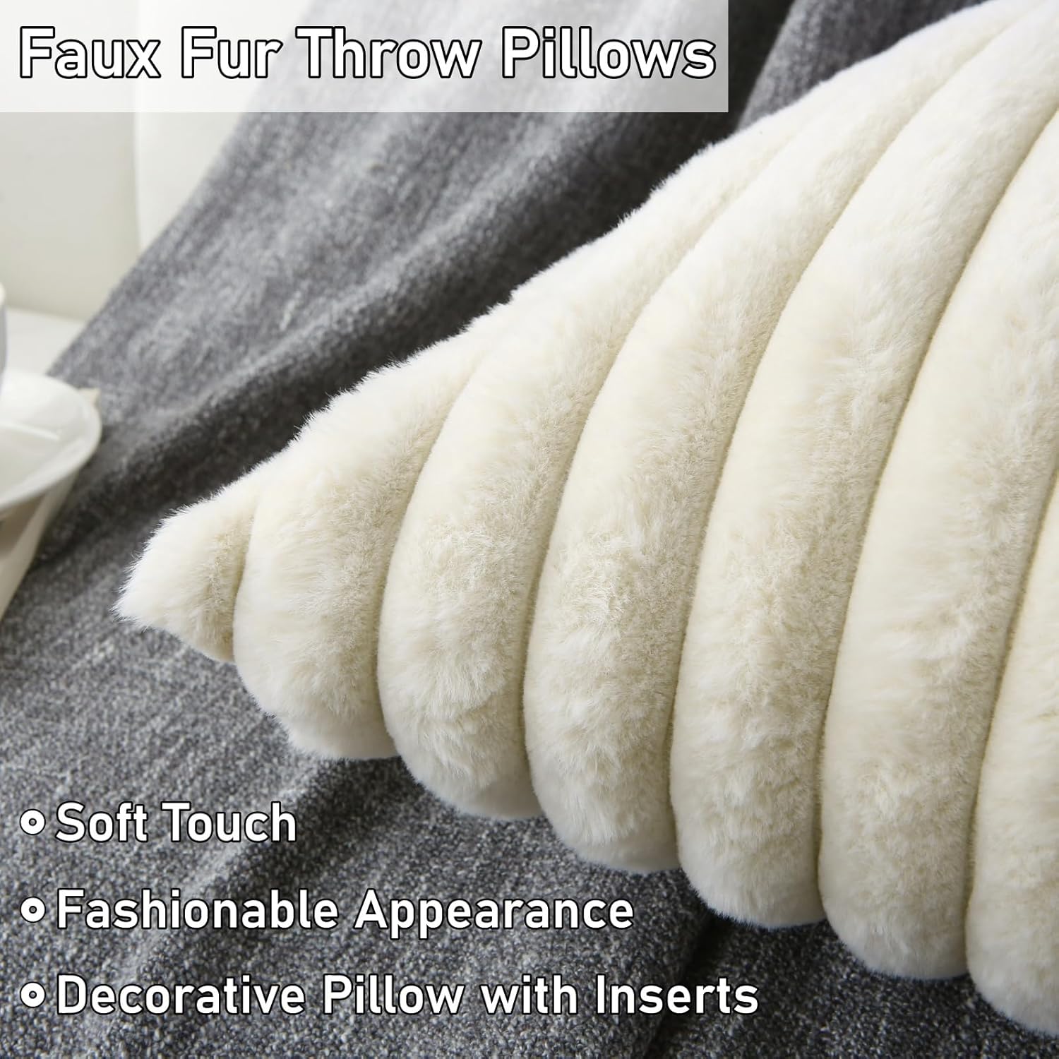 Decorative Throw Pillow with Inserts, Set of 2 Soft Faux Fur Throw Pillows, Square Boho Striped Pillow for Couch, Bed, Sofa Decor(Beige, 18