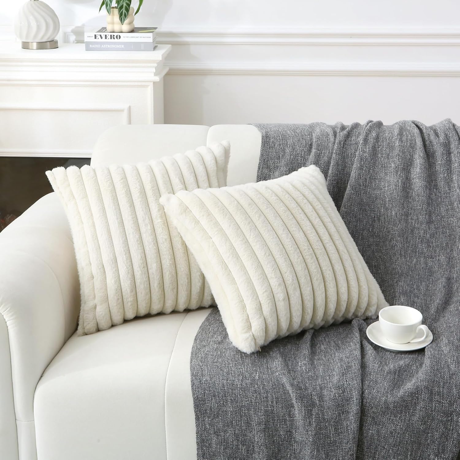 Decorative Throw Pillow with Inserts, Set of 2 Soft Faux Fur Throw Pillows, Square Boho Striped Pillow for Couch, Bed, Sofa Decor(Beige, 18