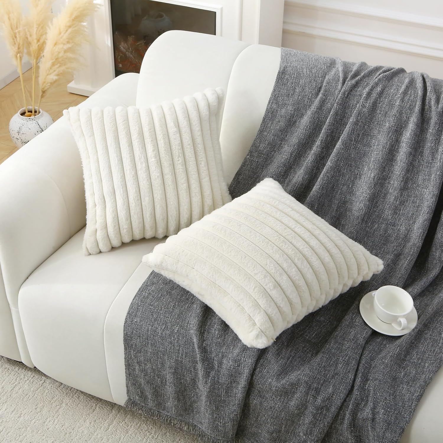 Decorative Throw Pillow with Inserts, Set of 2 Soft Faux Fur Throw Pillows, Square Boho Striped Pillow for Couch, Bed, Sofa Decor(Beige, 18