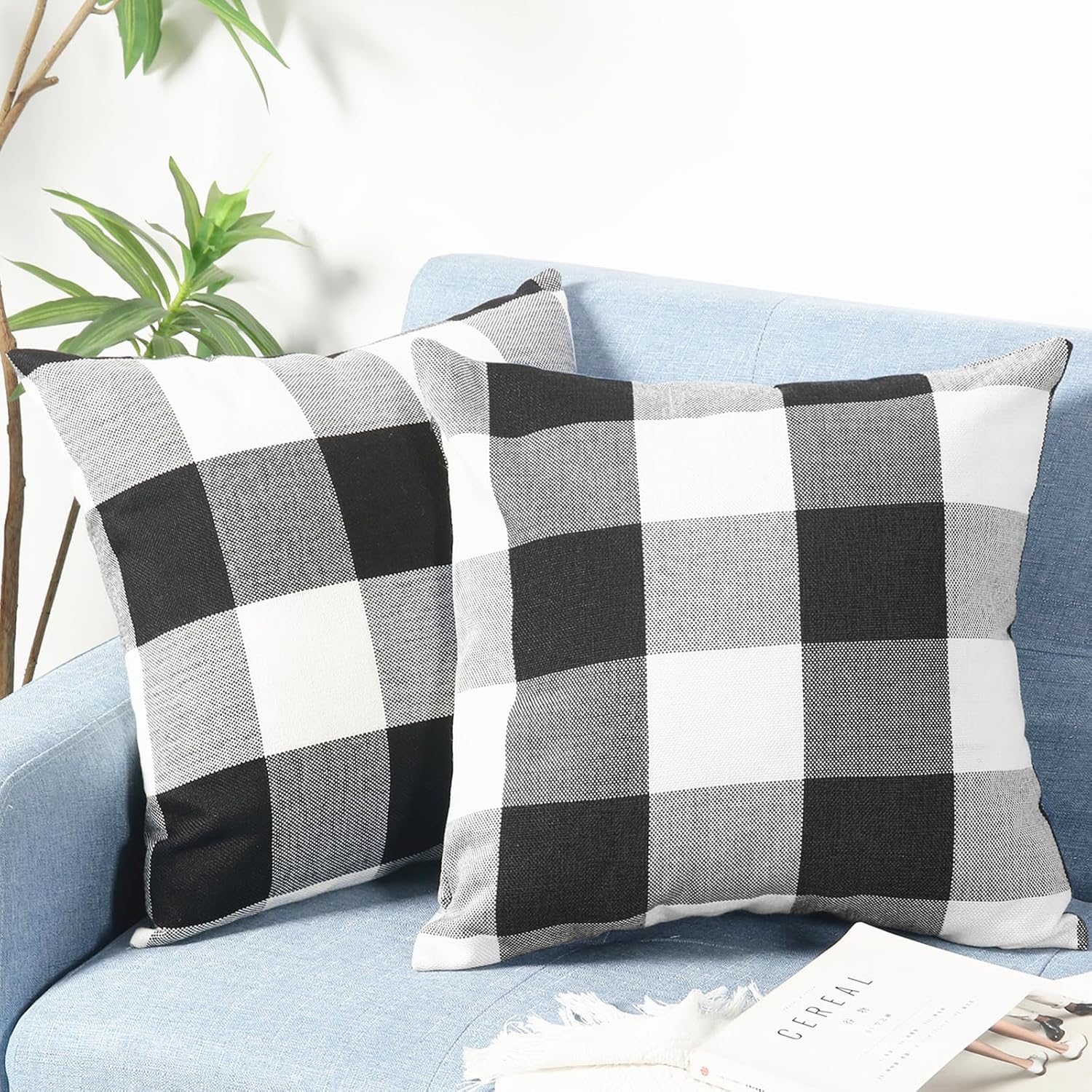 Rustic Buffalo Plaid Pillows with Inserts Set of 2, Retro Cotton Linen Decorative Throw Pillows for Front Porch Patio Decor, Classic Home Decor for Sofa Bed Couch(Black White, 16