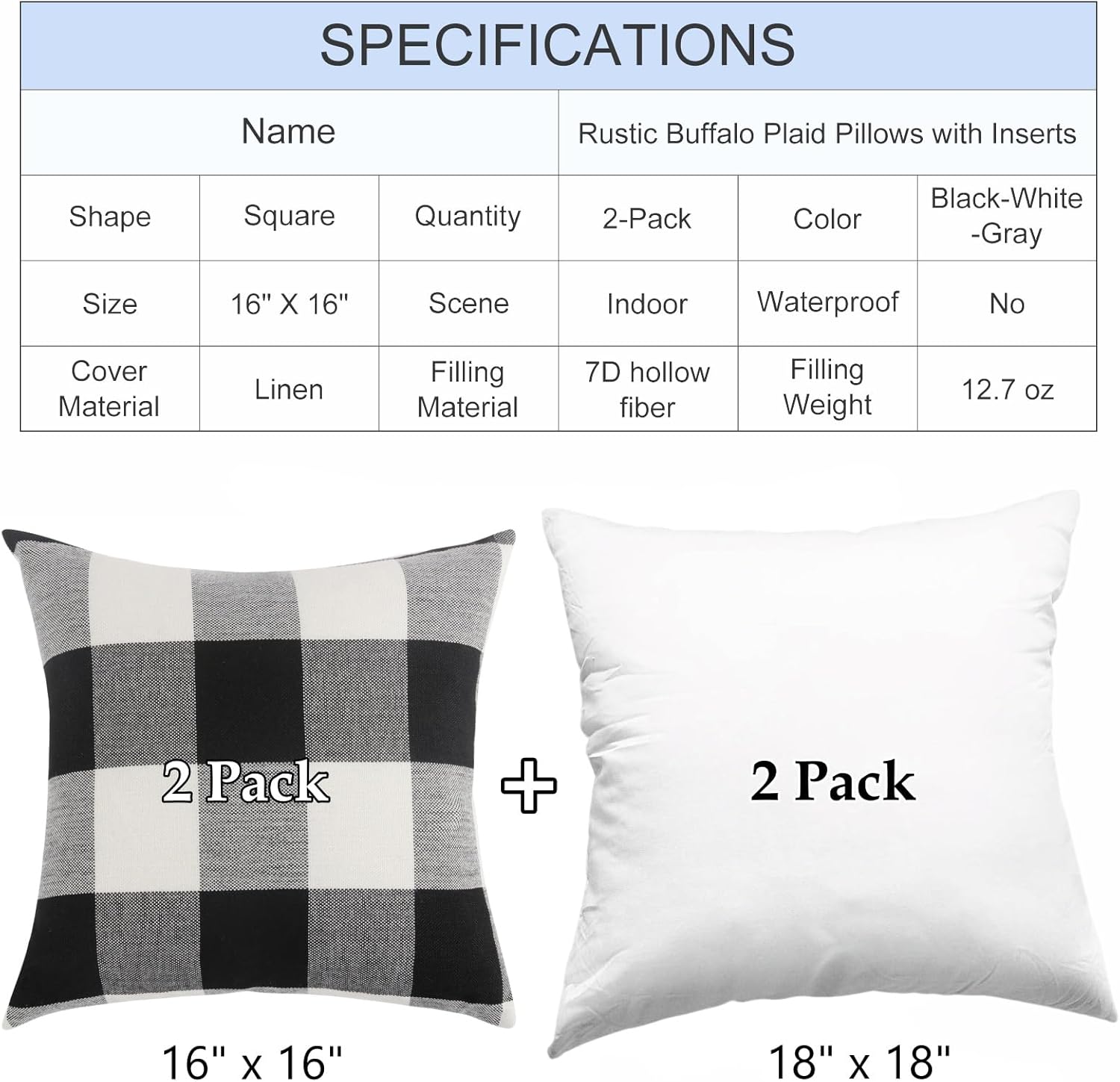 Rustic Buffalo Plaid Pillows with Inserts Set of 2, Retro Cotton Linen Decorative Throw Pillows for Front Porch Patio Decor, Classic Home Decor for Sofa Bed Couch(Black White, 16