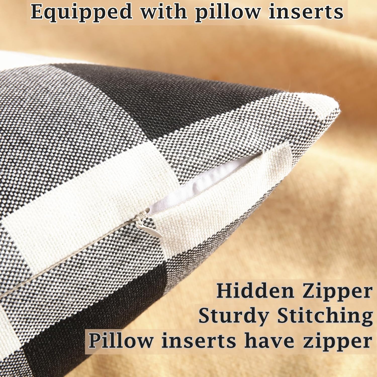 Rustic Buffalo Plaid Pillows with Inserts Set of 2, Retro Cotton Linen Decorative Throw Pillows for Front Porch Patio Decor, Classic Home Decor for Sofa Bed Couch(Black White, 16