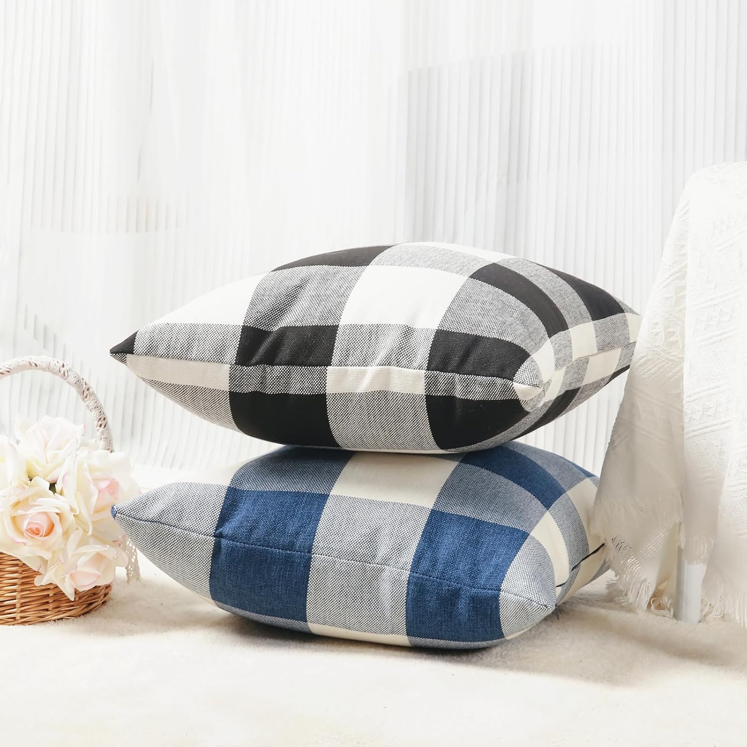 Rustic Buffalo Plaid Pillows with Inserts Set of 2, Retro Cotton Linen Decorative Throw Pillows for Front Porch Patio Decor, Classic Home Decor for Sofa Bed Couch(Black White, 16