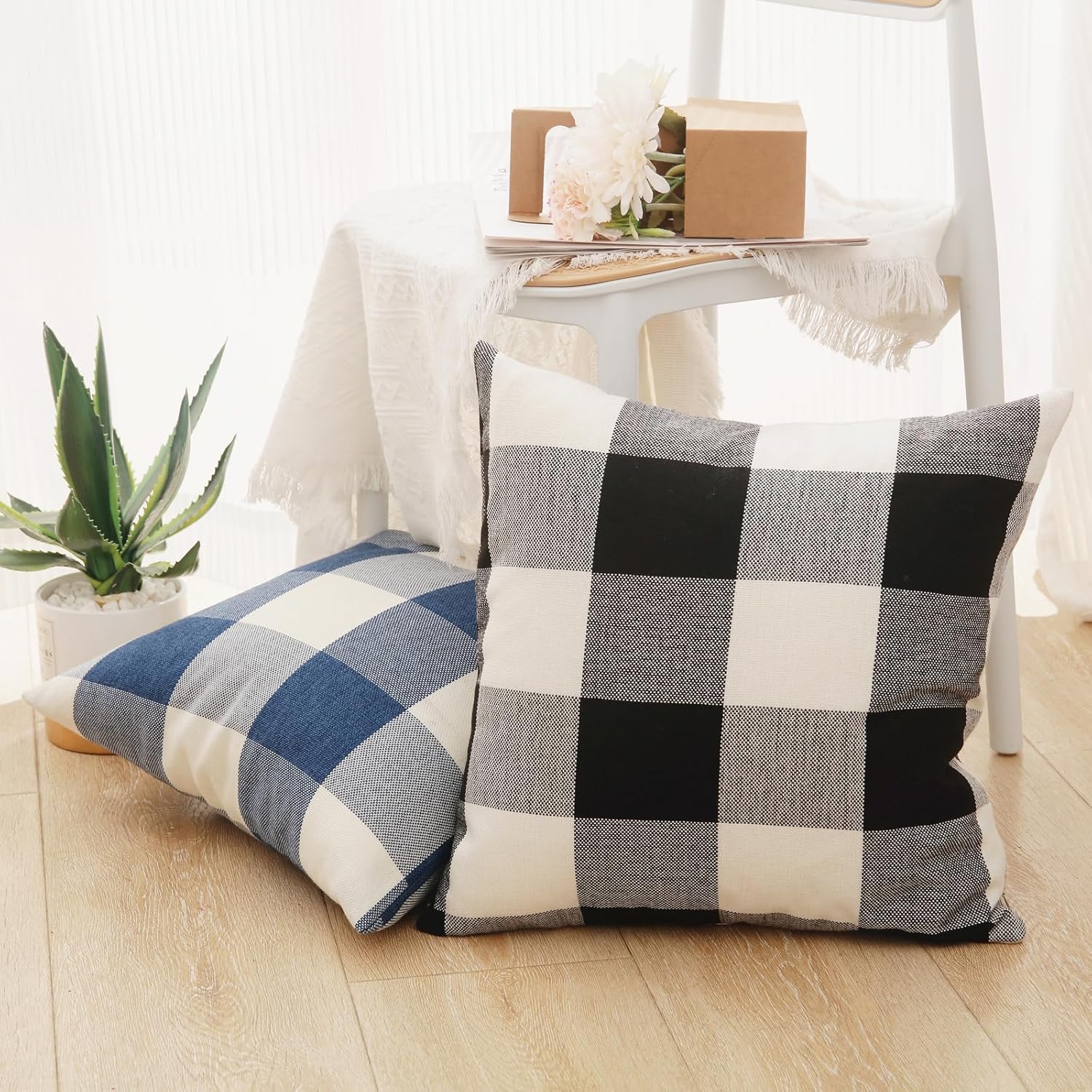 Rustic Buffalo Plaid Pillows with Inserts Set of 2, Retro Cotton Linen Decorative Throw Pillows for Front Porch Patio Decor, Classic Home Decor for Sofa Bed Couch(Black White, 16