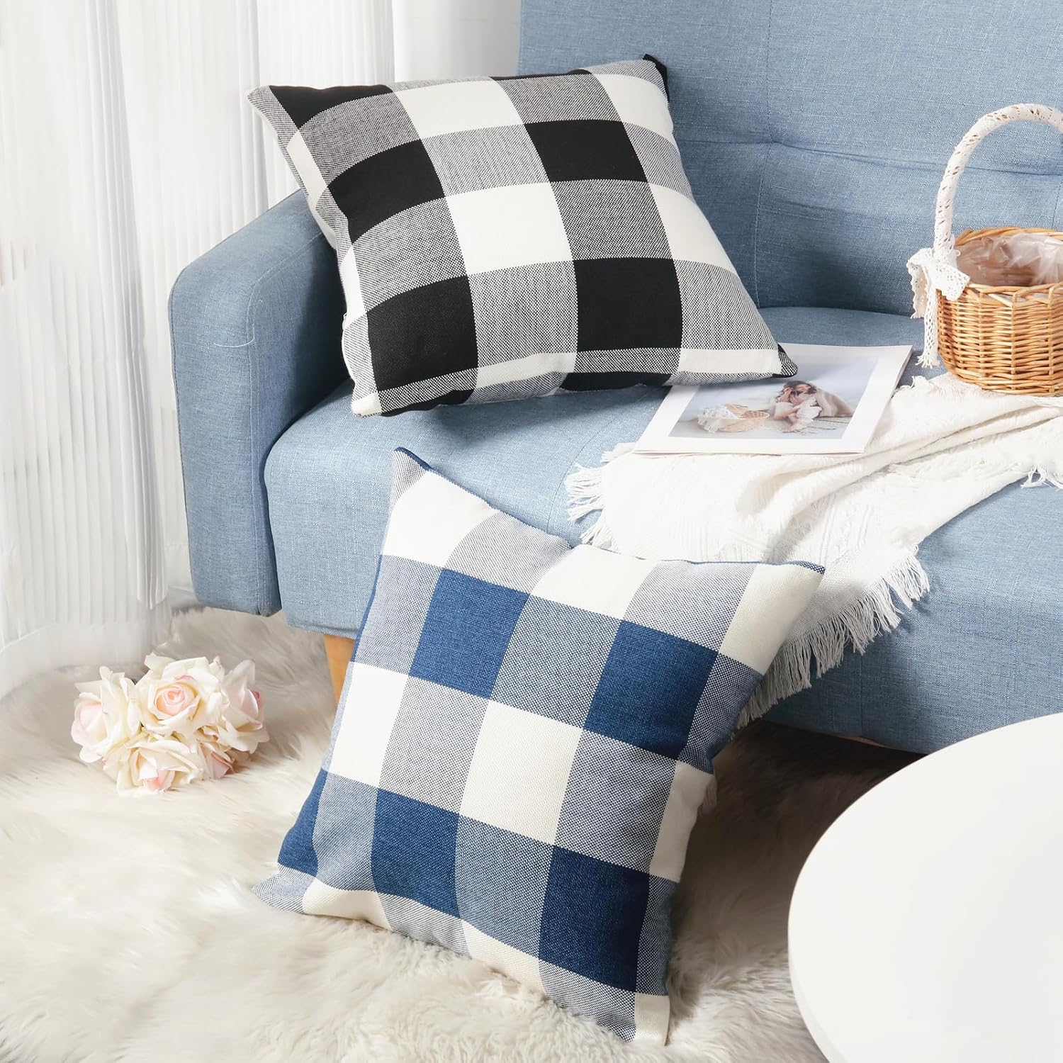 Rustic Buffalo Plaid Pillows with Inserts Set of 2, Retro Cotton Linen Decorative Throw Pillows for Front Porch Patio Decor, Classic Home Decor for Sofa Bed Couch(Black White, 16
