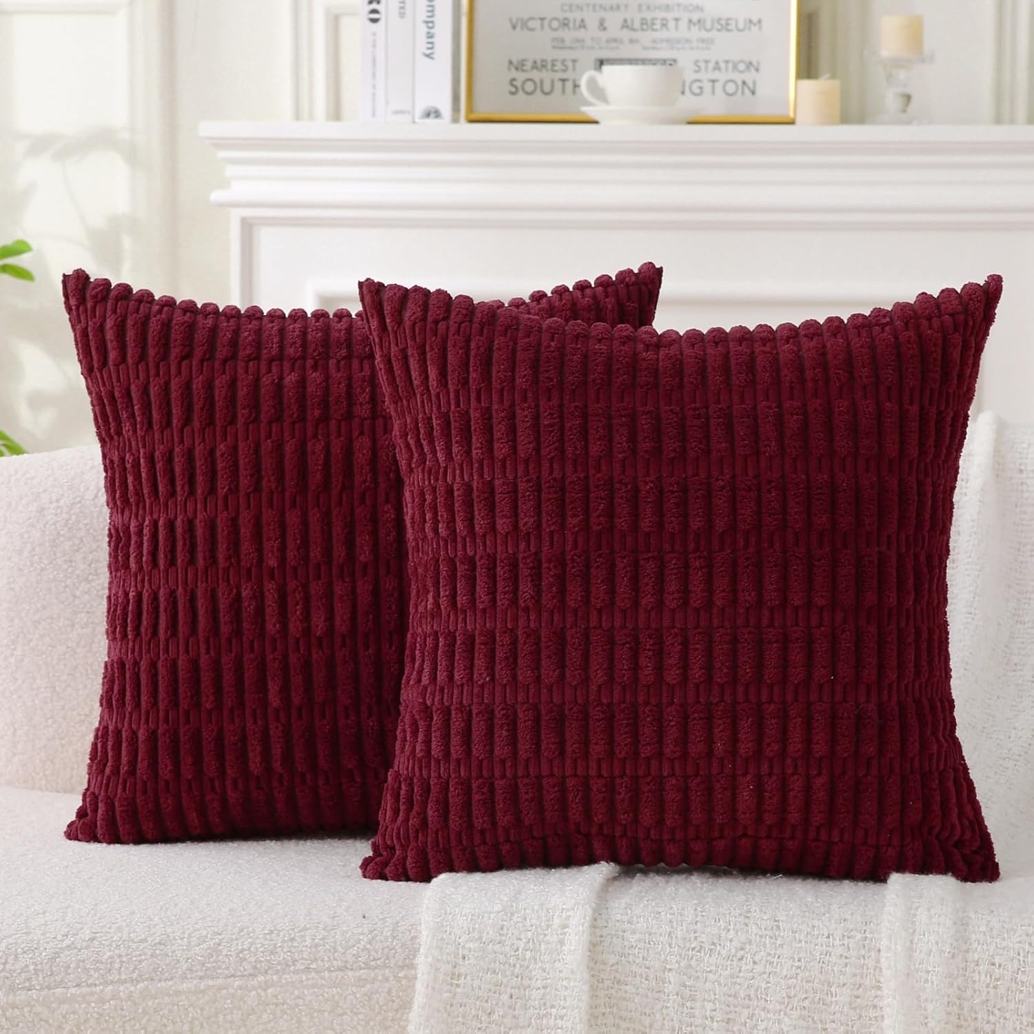 2 Pack Corduroy Decorative Throw Pillow with Inserts, 18x18 Inch Soft Boho Throw Pillow, Square Striped Throw Pillows for Couch, Bed, Sofa Decor (Burgundy) - Image 1