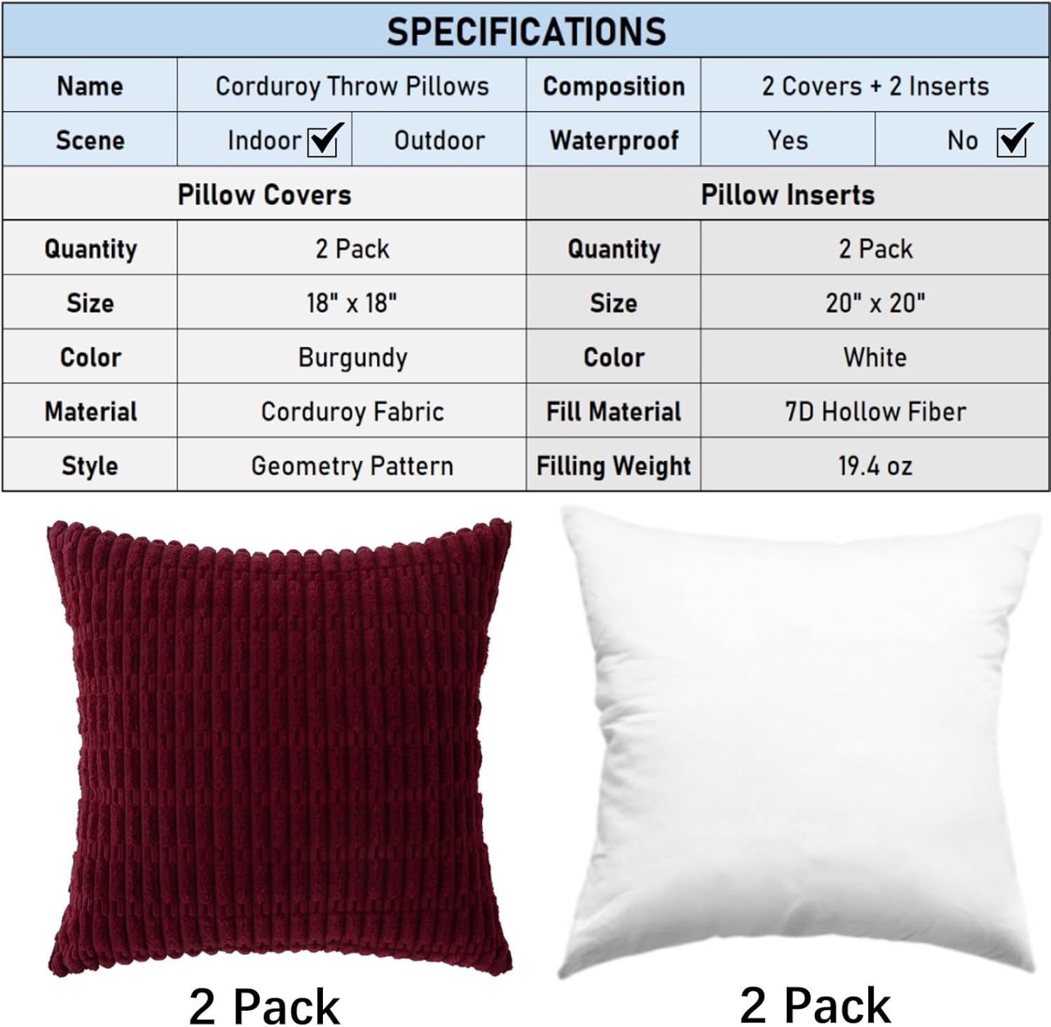 2 Pack Corduroy Decorative Throw Pillow with Inserts, 18x18 Inch Soft Boho Throw Pillow, Square Striped Throw Pillows for Couch, Bed, Sofa Decor (Burgundy) - Image 2