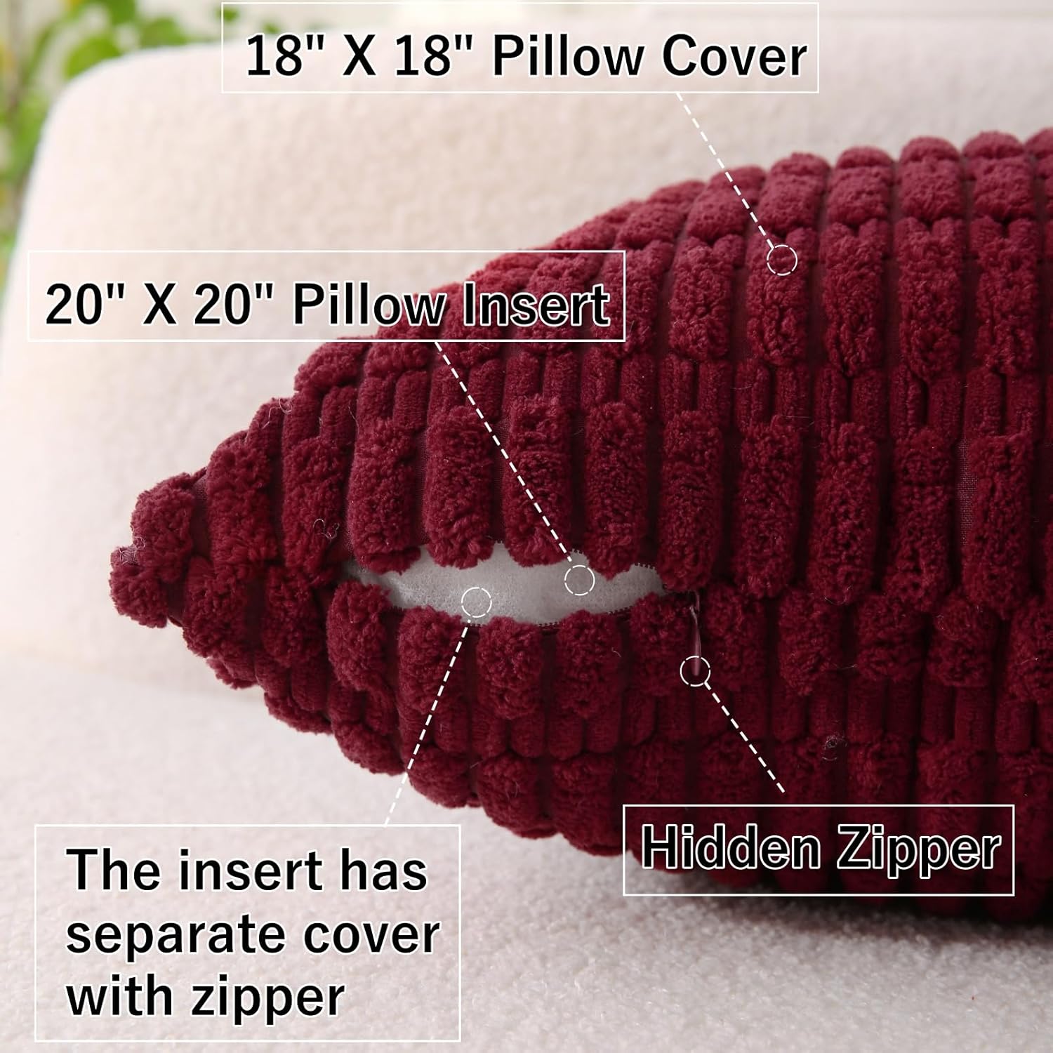 2 Pack Corduroy Decorative Throw Pillow with Inserts, 18x18 Inch Soft Boho Throw Pillow, Square Striped Throw Pillows for Couch, Bed, Sofa Decor (Burgundy) - Image 3