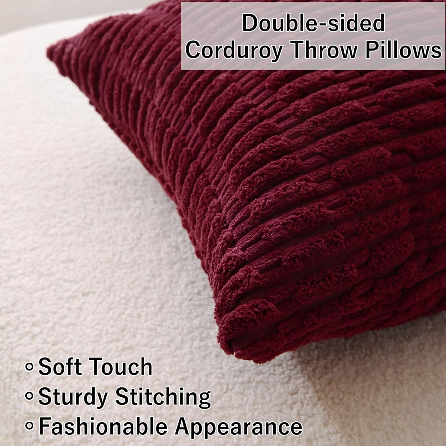 2 Pack Corduroy Decorative Throw Pillow with Inserts, 18x18 Inch Soft Boho Throw Pillow, Square Striped Throw Pillows for Couch, Bed, Sofa Decor (Burgundy) - Image 5