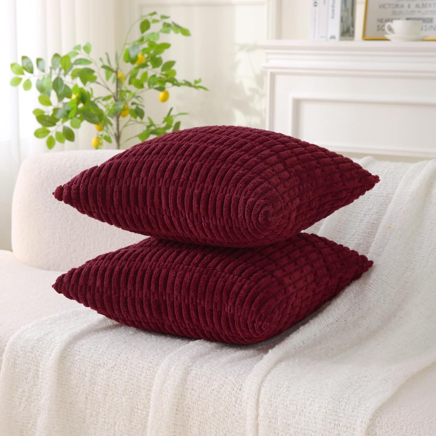 2 Pack Corduroy Decorative Throw Pillow with Inserts, 18x18 Inch Soft Boho Throw Pillow, Square Striped Throw Pillows for Couch, Bed, Sofa Decor (Burgundy) - Image 7