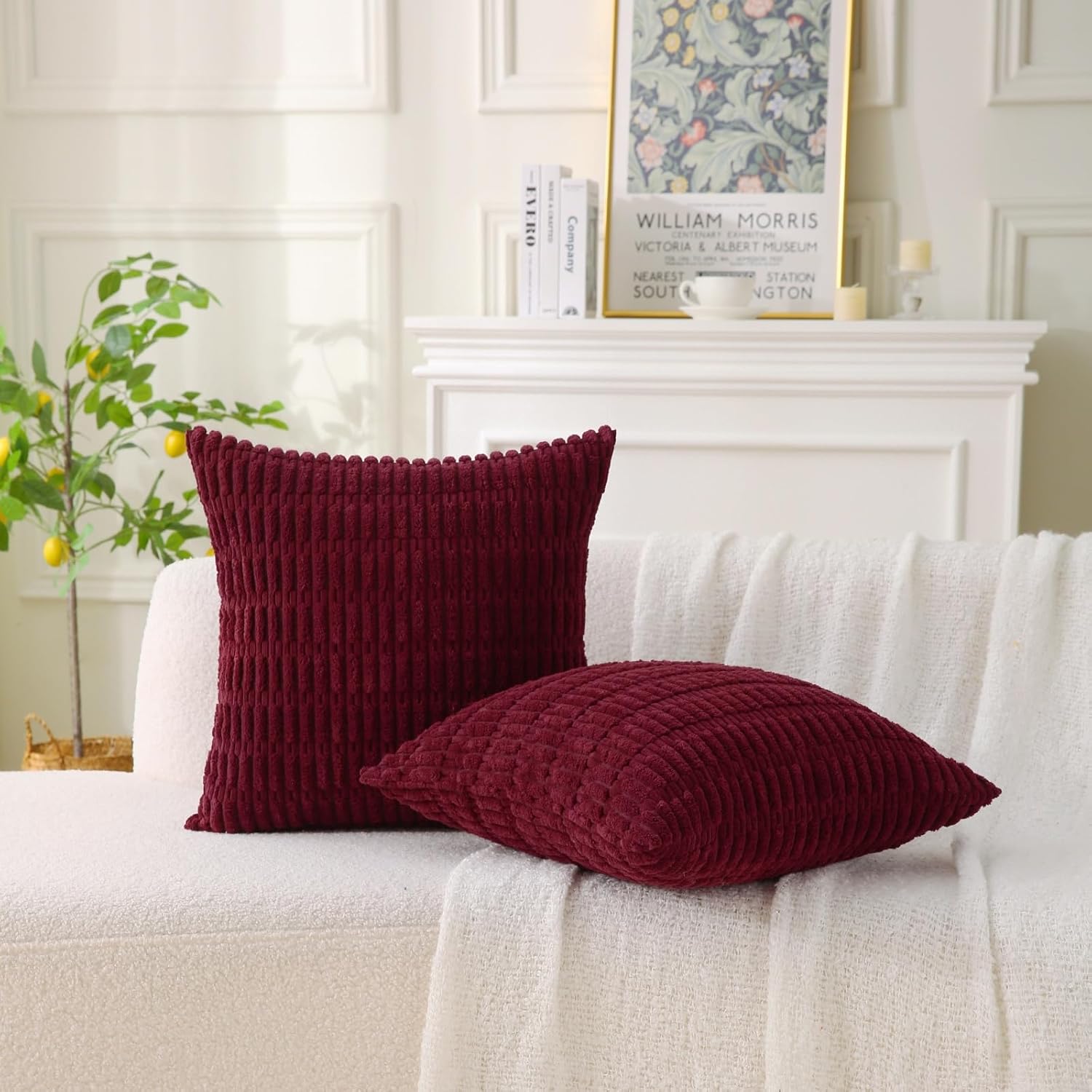 2 Pack Corduroy Decorative Throw Pillow with Inserts, 18x18 Inch Soft Boho Throw Pillow, Square Striped Throw Pillows for Couch, Bed, Sofa Decor (Burgundy) - Image 8