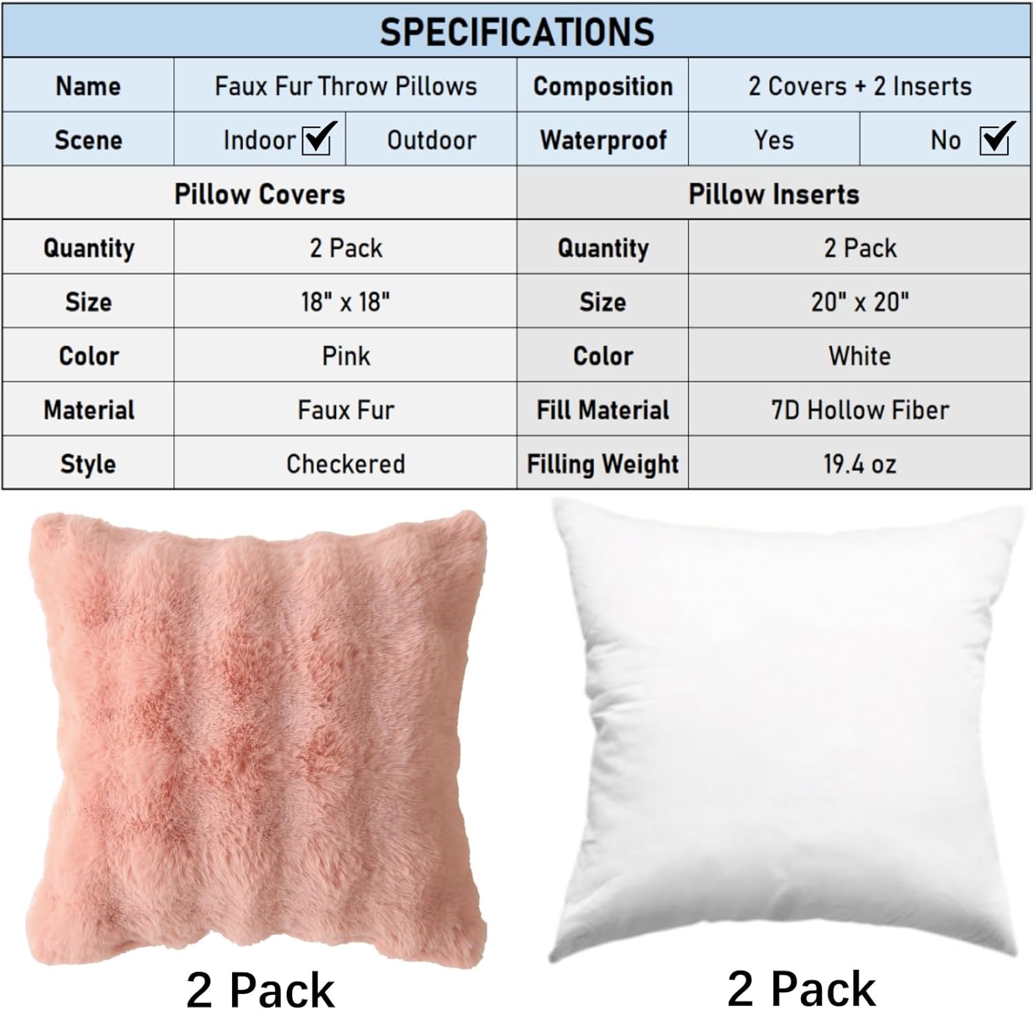 Faux Fur Plush Pillow with Inserts Set of 2, Soft 18