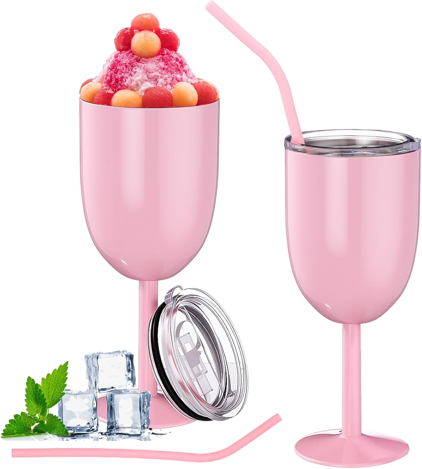2 Pack Insulated Wine Glass 10 oz Stainless Steel Margarita Tumbler with Lid and Straw Vacuum Sealed Mug Wine Cup Gift for Women Men Christmas Birthday(Pink,Typical) - Image 1