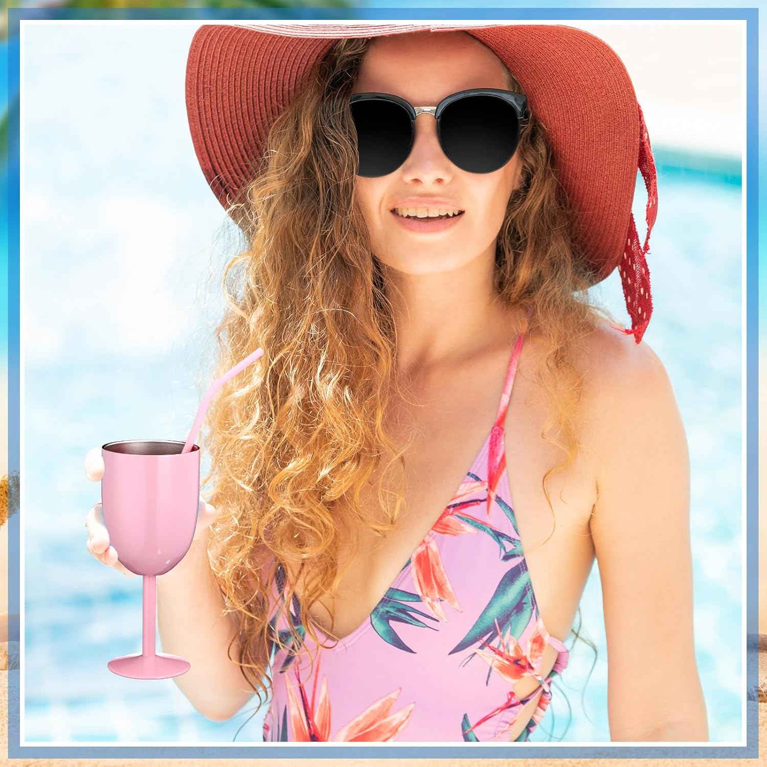2 Pack Insulated Wine Glass 10 oz Stainless Steel Margarita Tumbler with Lid and Straw Vacuum Sealed Mug Wine Cup Gift for Women Men Christmas Birthday(Pink,Typical) - Image 2