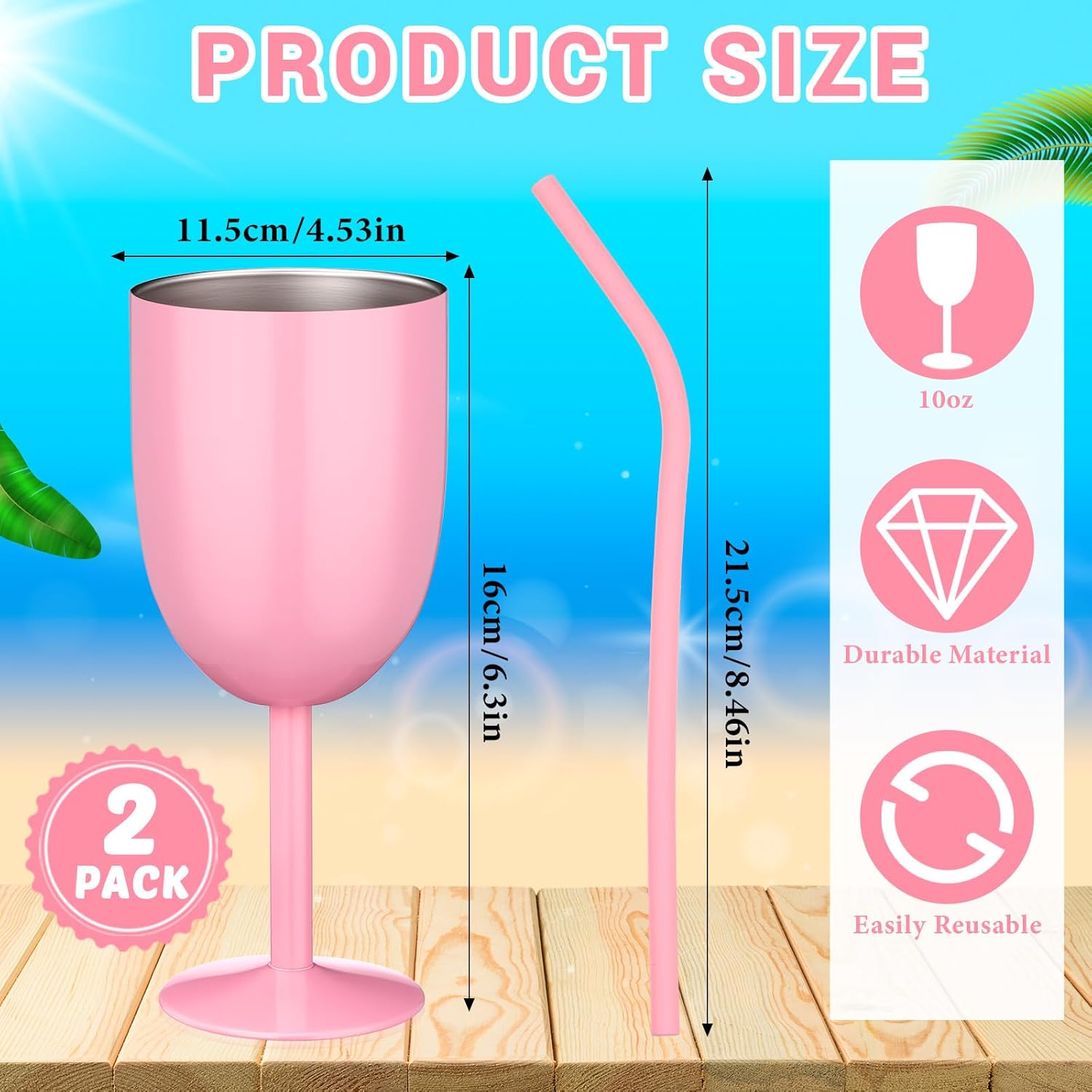 2 Pack Insulated Wine Glass 10 oz Stainless Steel Margarita Tumbler with Lid and Straw Vacuum Sealed Mug Wine Cup Gift for Women Men Christmas Birthday(Pink,Typical) - Image 3