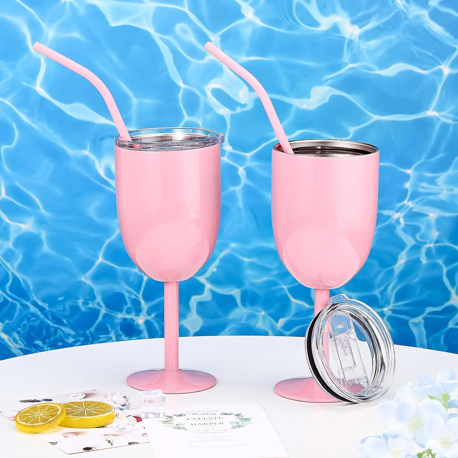 2 Pack Insulated Wine Glass 10 oz Stainless Steel Margarita Tumbler with Lid and Straw Vacuum Sealed Mug Wine Cup Gift for Women Men Christmas Birthday(Pink,Typical) - Image 4