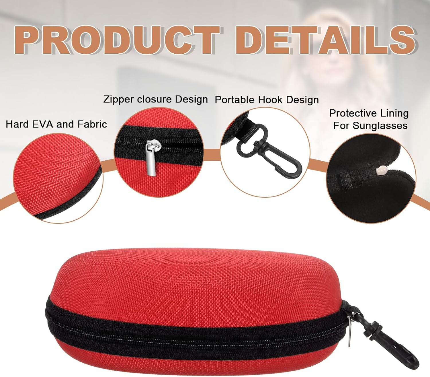 Sunglasses Soft Case, Zipper Eyeglass Case, Portable Hard Shell Sunglasses Holder with Metal Hook for Sport - Image 3