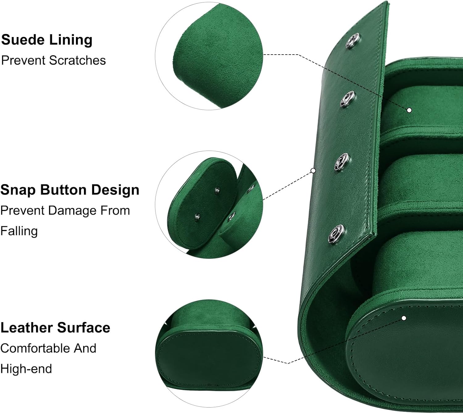 Leather Watch Travel Case Single Watch Roll Storage Box Organizer for Men Women Holding Storaging Displaying, 3 Slot, Green - Image 3