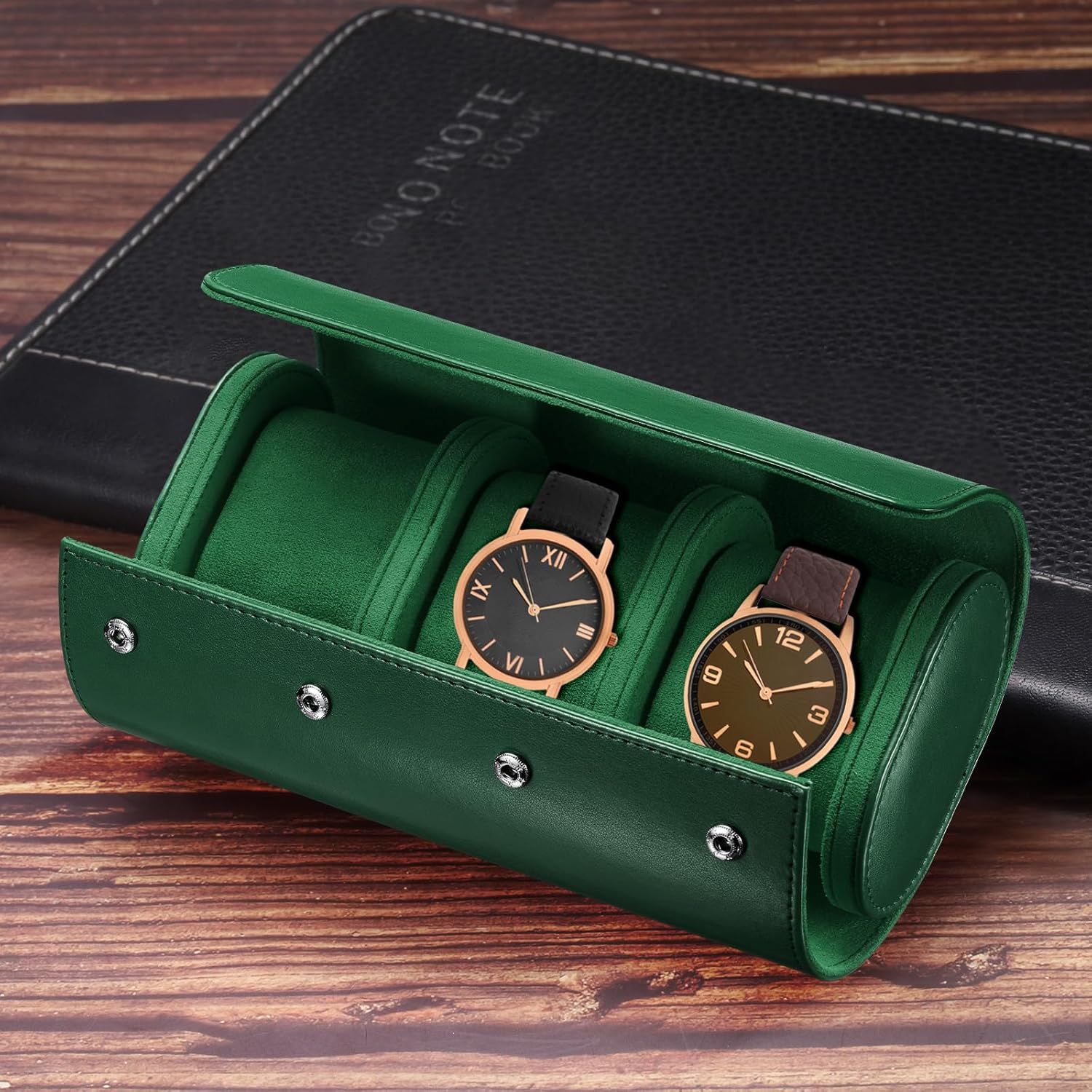 Leather Watch Travel Case Single Watch Roll Storage Box Organizer for Men Women Holding Storaging Displaying, 3 Slot, Green - Image 4