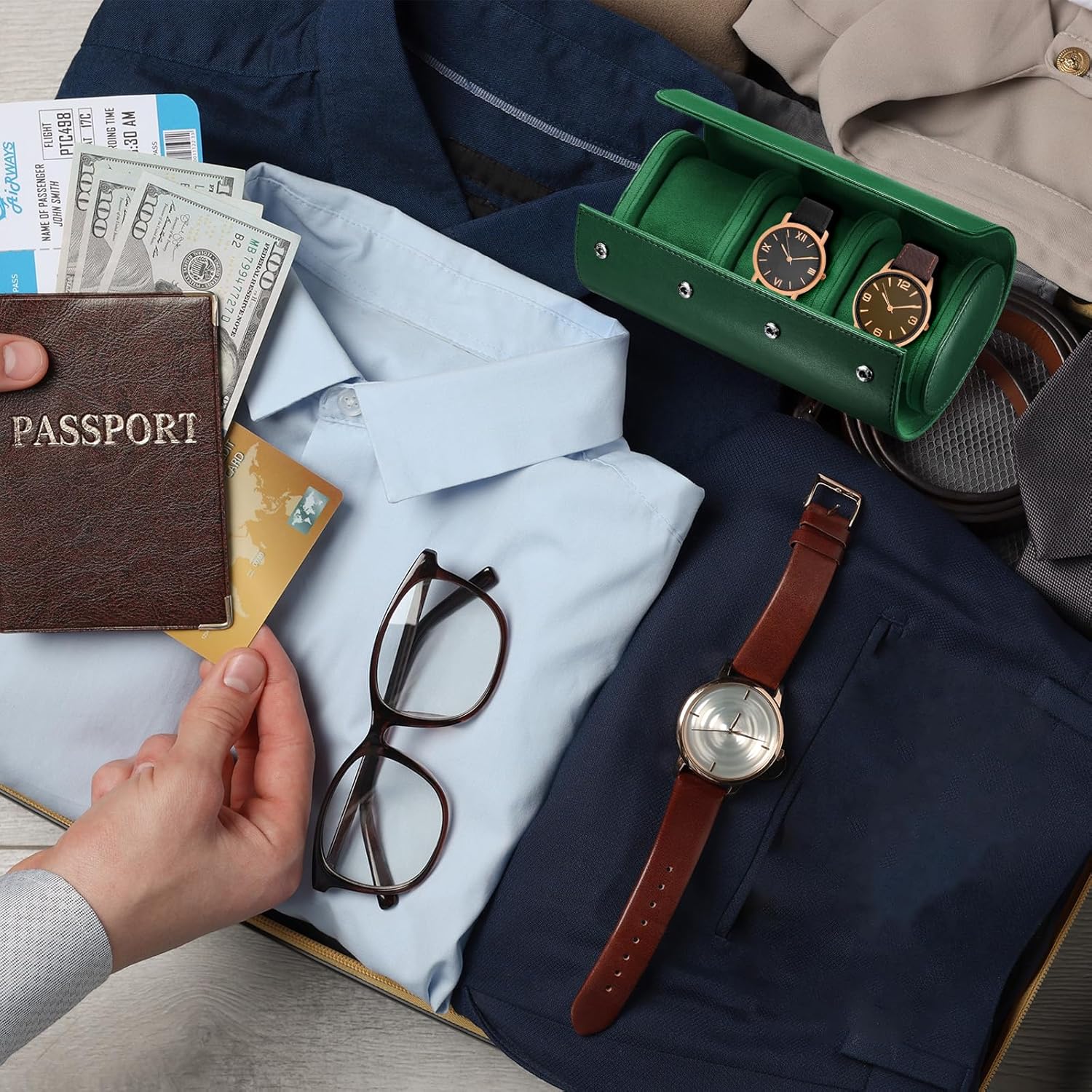 Leather Watch Travel Case Single Watch Roll Storage Box Organizer for Men Women Holding Storaging Displaying, 3 Slot, Green - Image 6