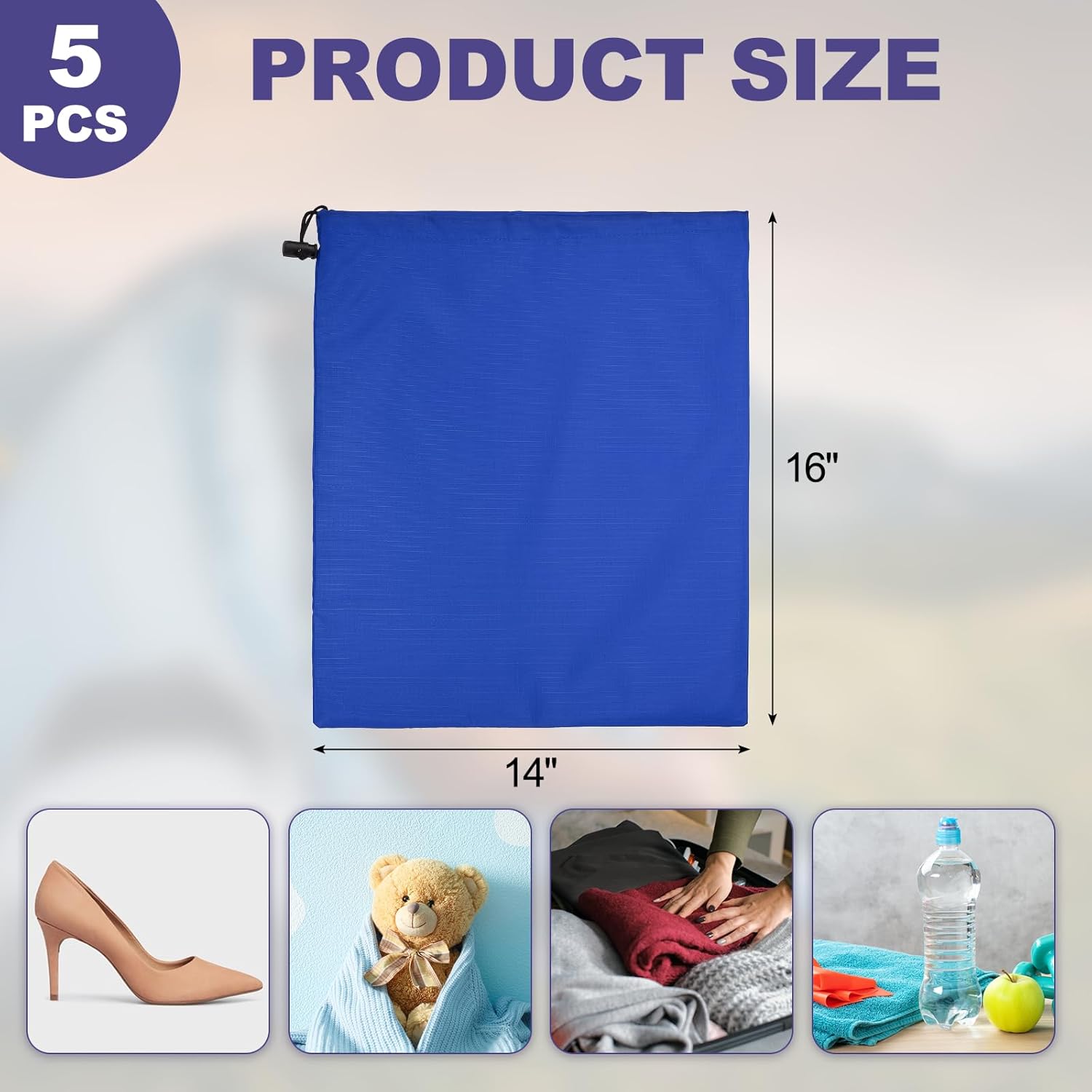 5Pcs 210D Polyester Drawstring Bag with Toggle, 14 x 16 Inch Waterproof Travel Storage Bag Foldable Stuff Sack Cinch Sack for Gym Travel Hiking Yoga Clothes Organizer, Dark Blue - Image 2