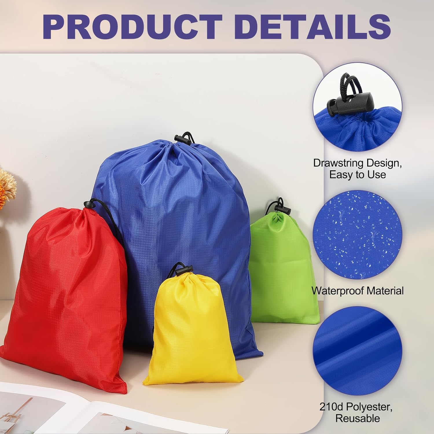 5Pcs 210D Polyester Drawstring Bag with Toggle, 14 x 16 Inch Waterproof Travel Storage Bag Foldable Stuff Sack Cinch Sack for Gym Travel Hiking Yoga Clothes Organizer, Dark Blue - Image 3