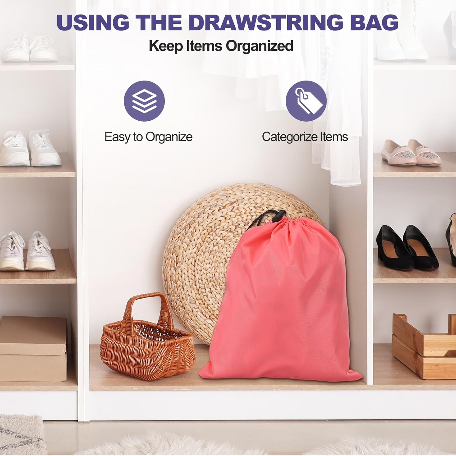 5Pcs 210D Polyester Drawstring Bag with Toggle, 14 x 16 Inch Waterproof Travel Storage Bag Foldable Stuff Sack Cinch Sack for Gym Travel Hiking Yoga Clothes Organizer, Dark Blue - Image 5