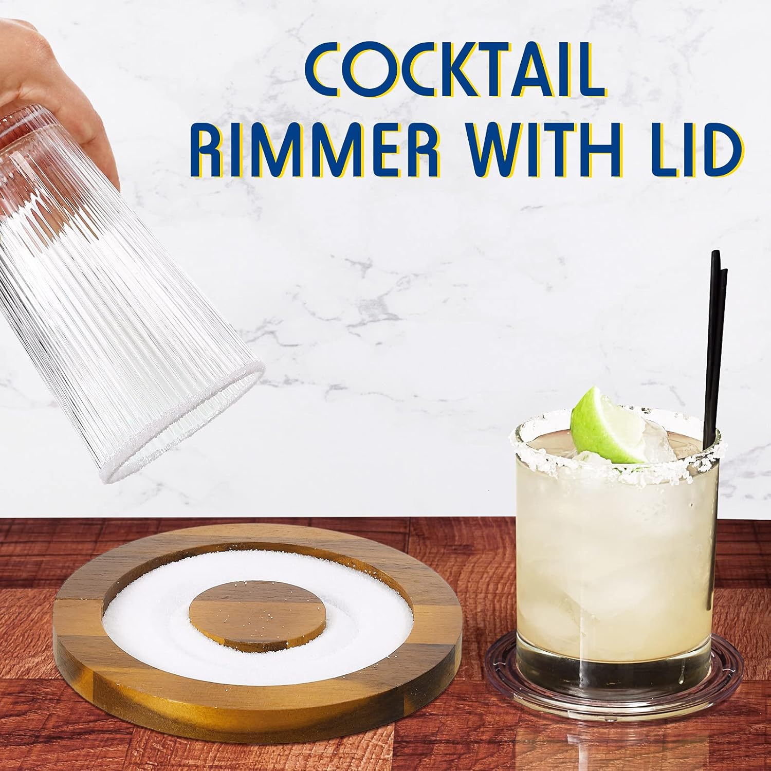 Bar Glass Rimmer for Margarita and Cocktail Sugar and Salt Wooden Rimmer with Lid for Wide Glasses up to 5 Inch, Bar Cart Accessories Bartender Tool Salt Storage - Image 2