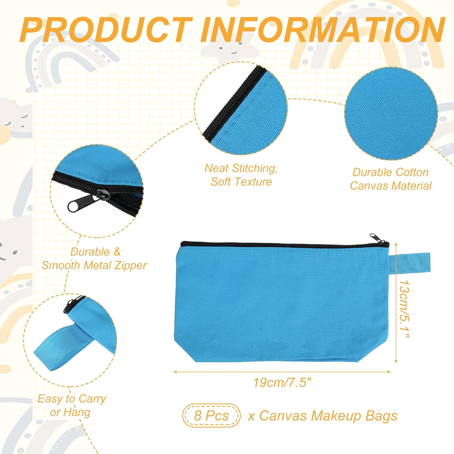 8 Pcs Cotton Canvas Makeup Bag, 7.5x5.1 Makeup Pouch with Zipper and Strap, Multipurpose Plain Toiletry Zipper Pouches Blank DIY Craft Pencil Bag for Women Teens, Light Blue - Image 2
